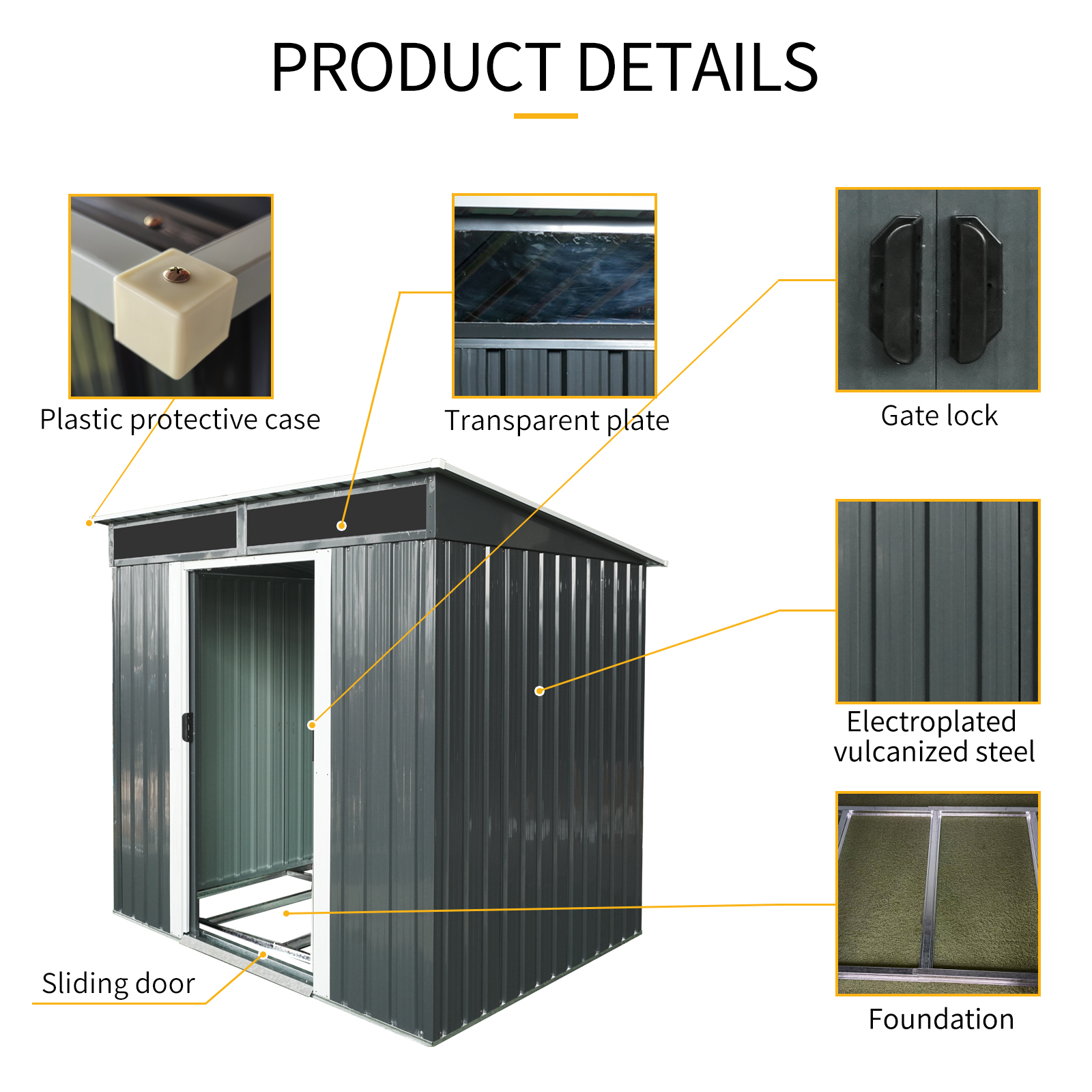 6ft x 5ft Outdoor Metal Storage shed with Lockable Sliding Doors and Transparent plate for Garden Black and White