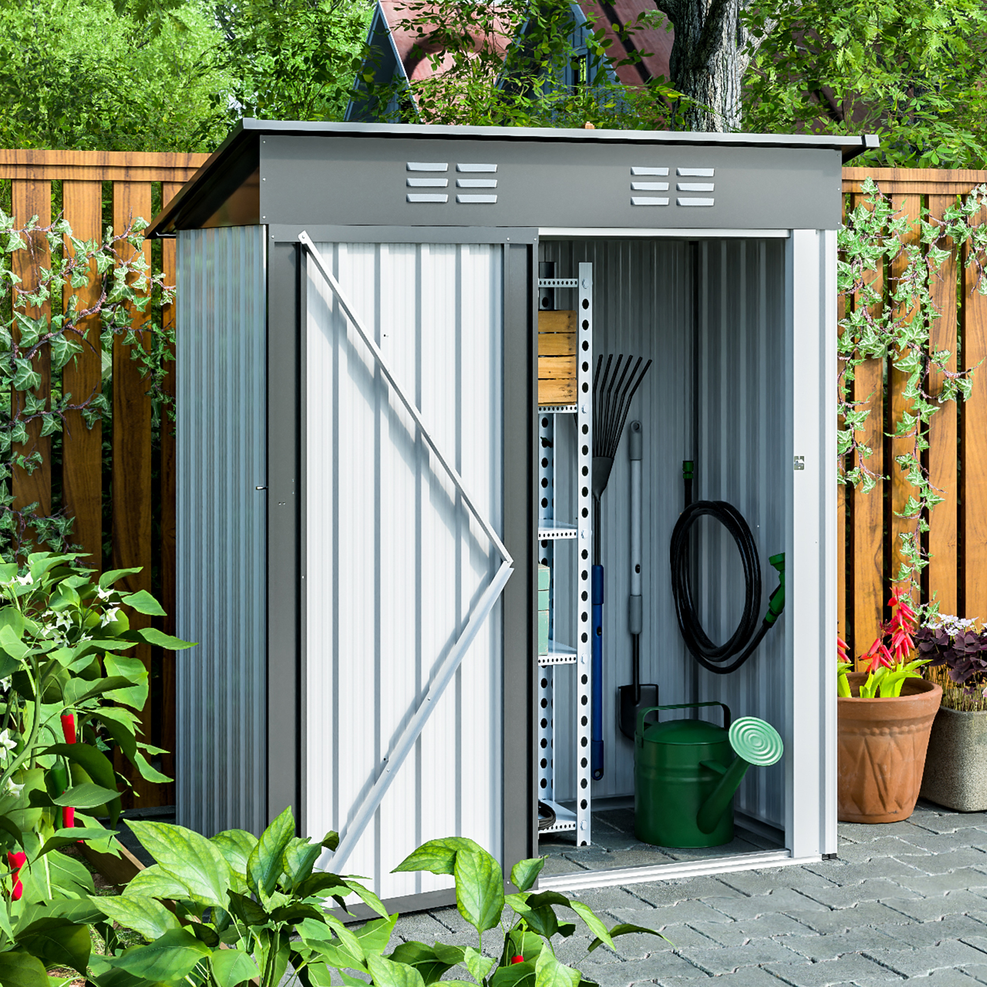 5 X 3 Ft Outdoor Storage Shed, Galvanized Metal Garden Shed With Lockable Doors White