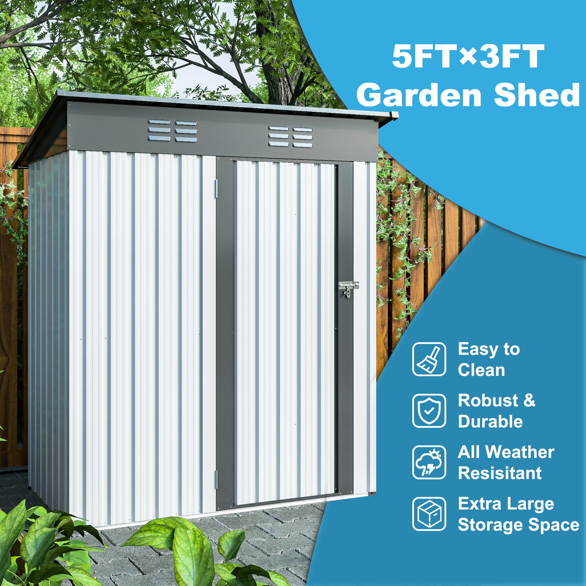 5 X 3 Ft Outdoor Storage Shed, Galvanized Metal Garden Shed With Lockable Doors White