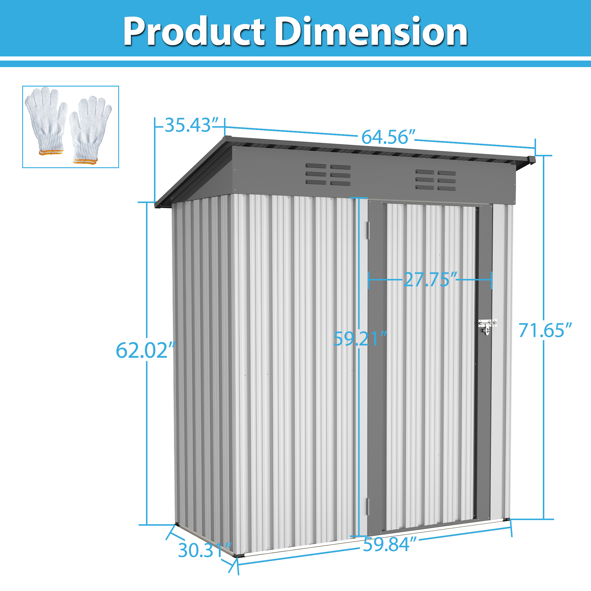 5 X 3 Ft Outdoor Storage Shed, Galvanized Metal Garden Shed With Lockable Doors White
