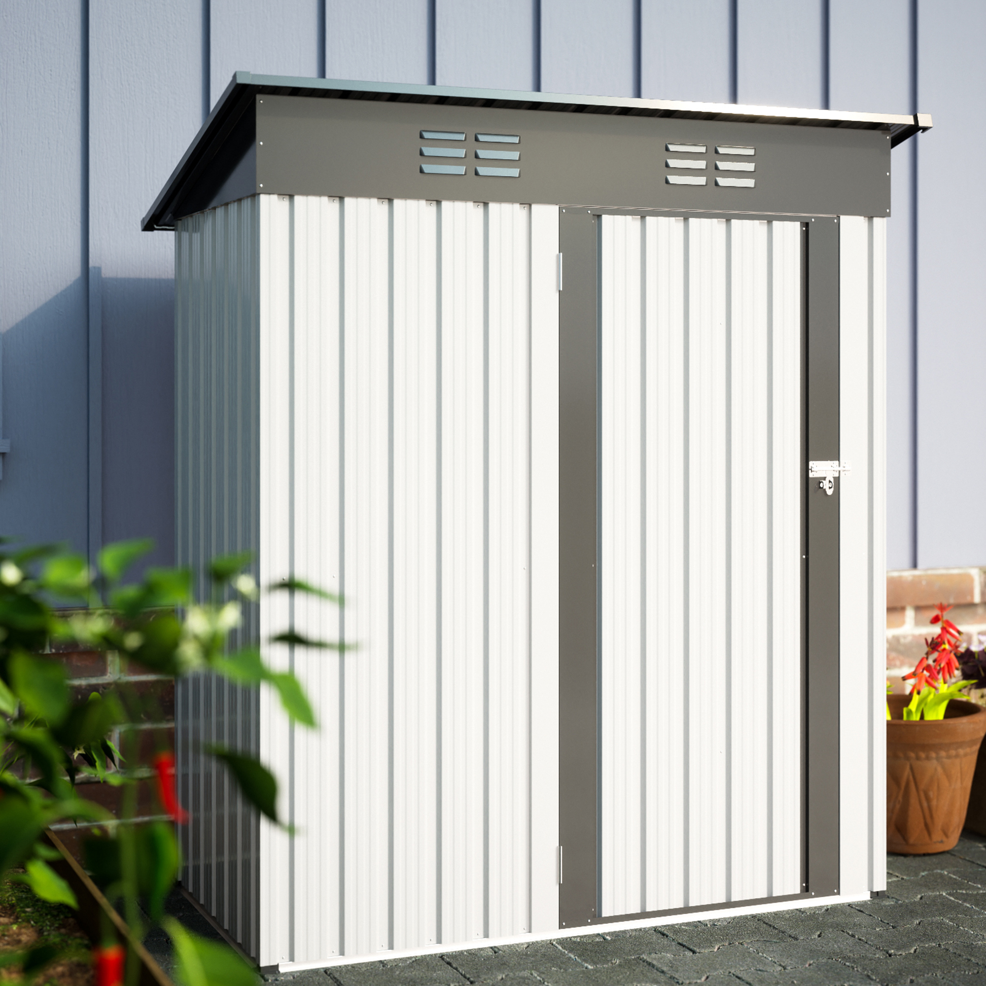 5 X 3 Ft Outdoor Storage Shed, Galvanized Metal Garden Shed With Lockable Doors White