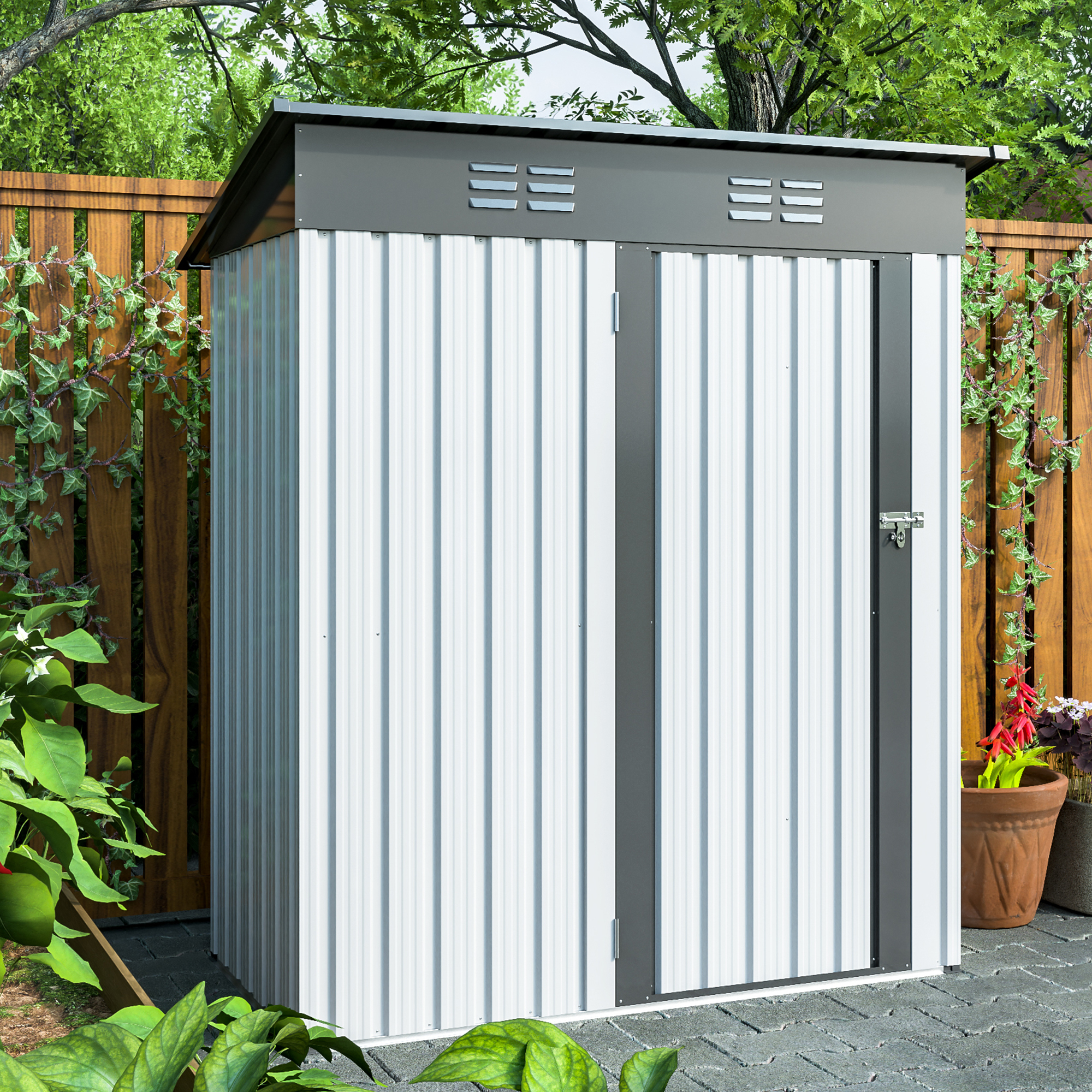 5 X 3 Ft Outdoor Storage Shed, Galvanized Metal Garden Shed With Lockable Doors White