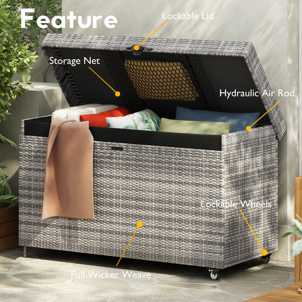 200 Gallon Wicker Deck Box with Wheels Grey