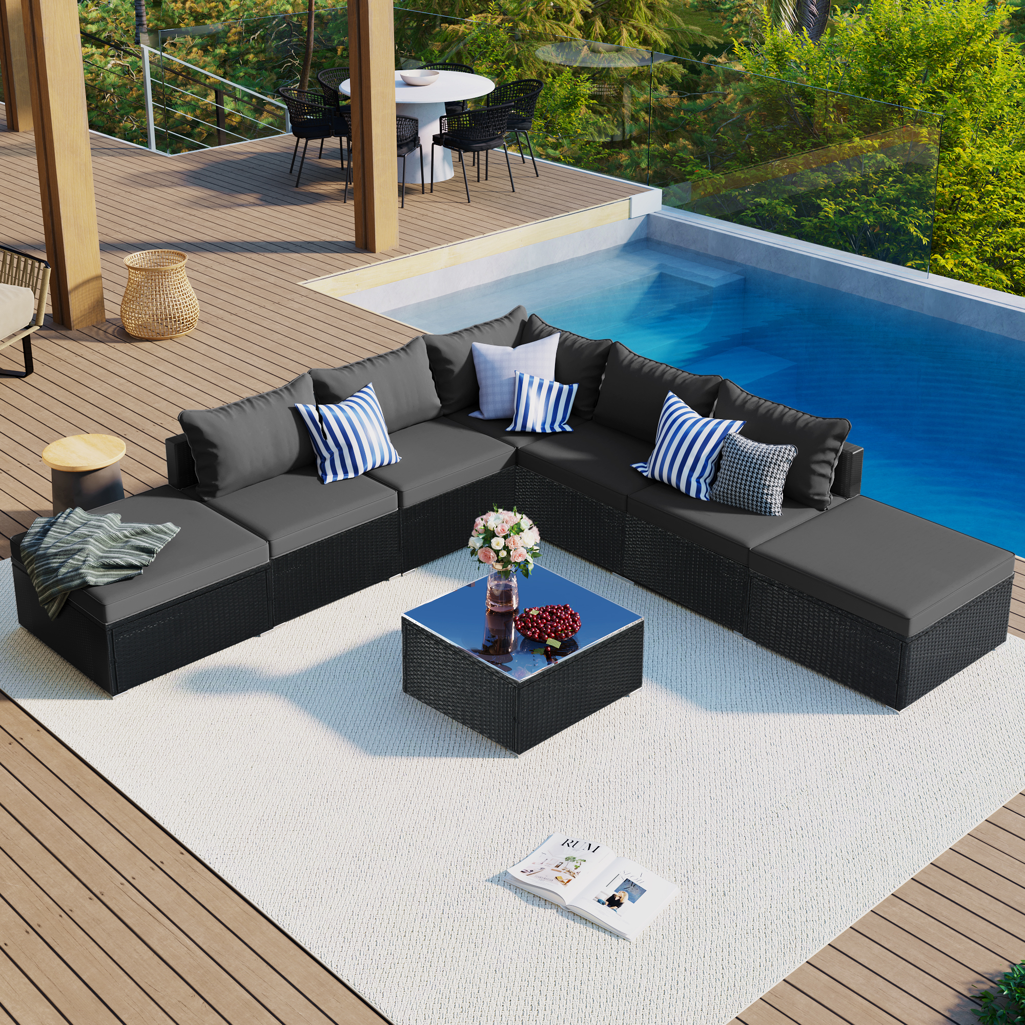8-Pieces Outdoor Conversation Wicker Sofa Set Black Wicker