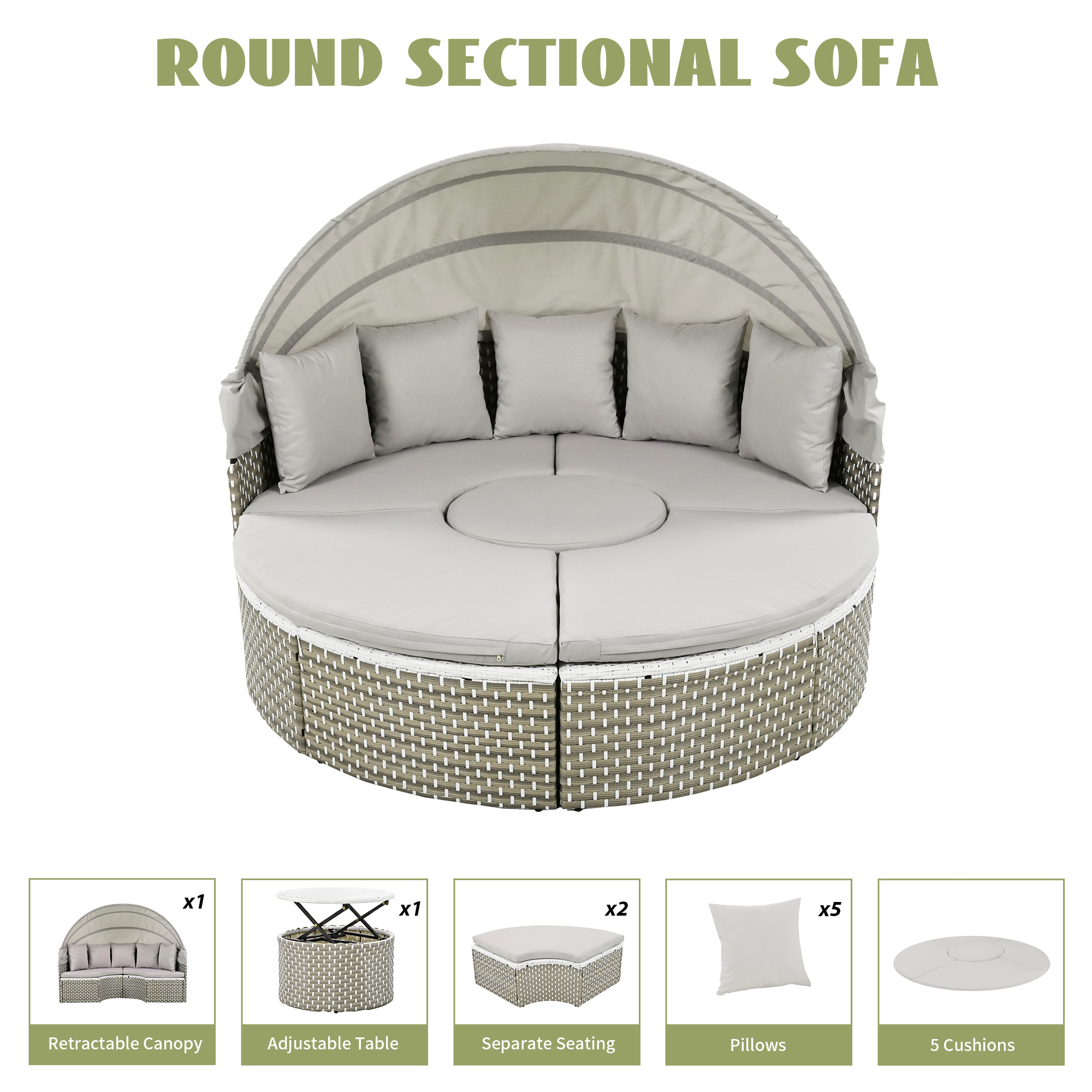 5 Pieces Patio Conversation Set With Retractable Canopy Gray