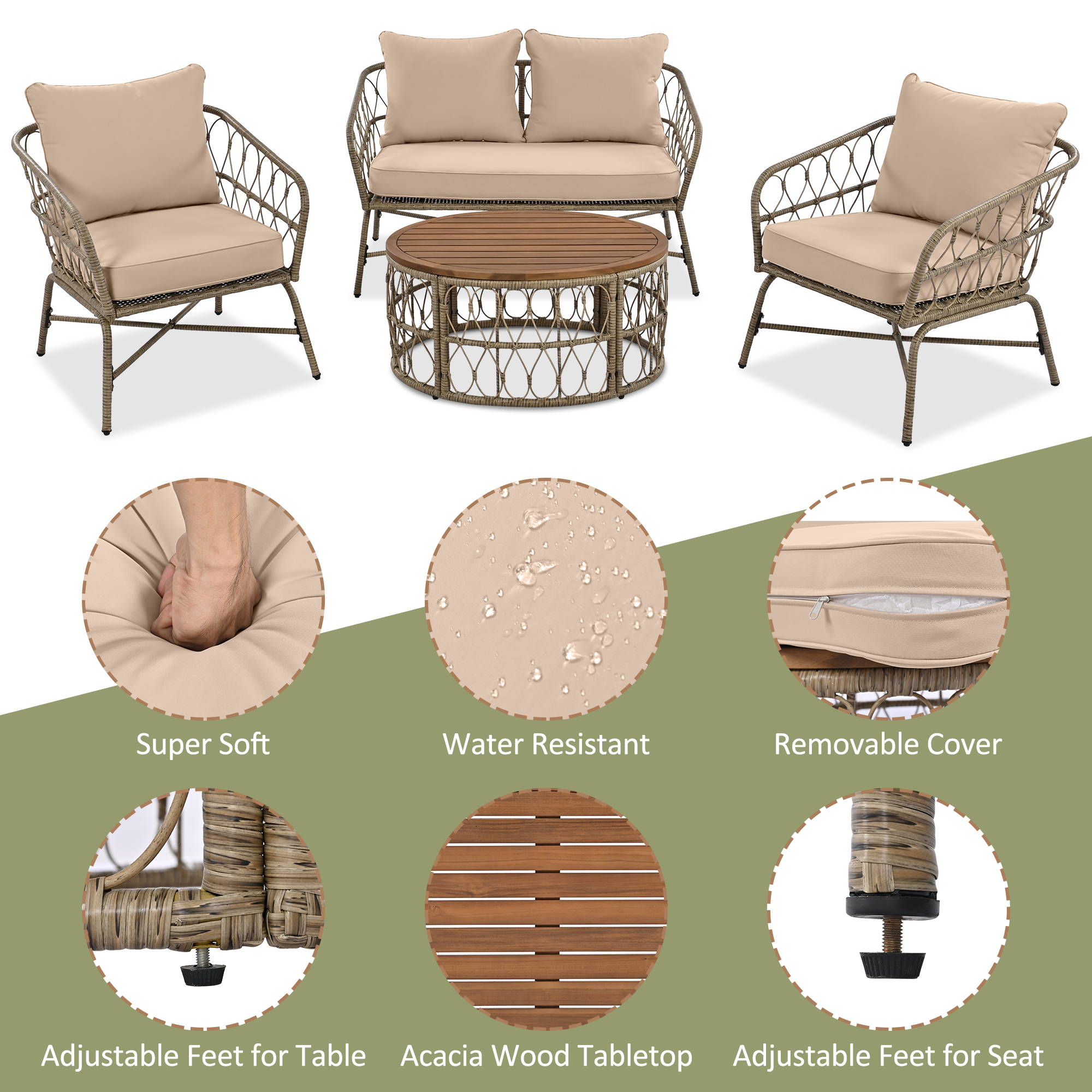 4-Piece Outdoor Conversation Patio Set With Wood Tabletop Beige