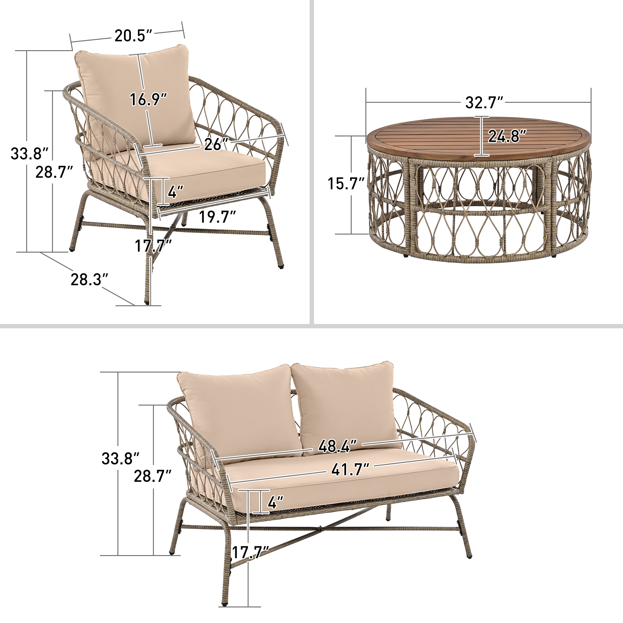 4-Piece Outdoor Conversation Patio Set With Wood Tabletop Beige