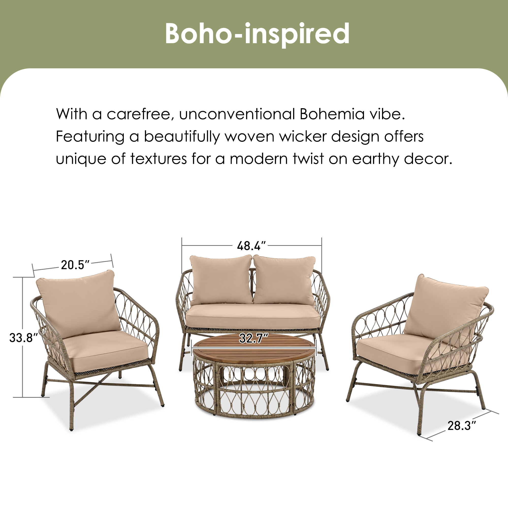 4-Piece Outdoor Conversation Patio Set With Wood Tabletop Beige
