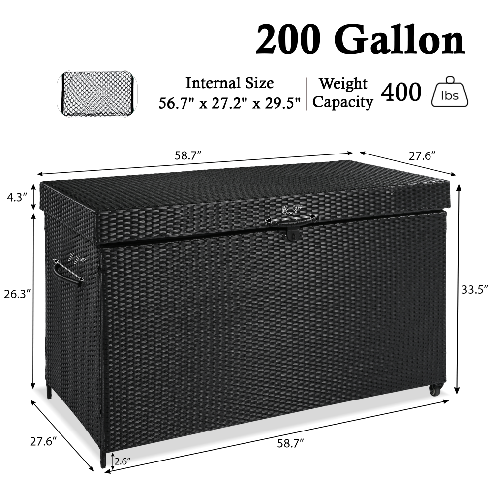 200 Gallon Wicker Deck Box with Wheels Black