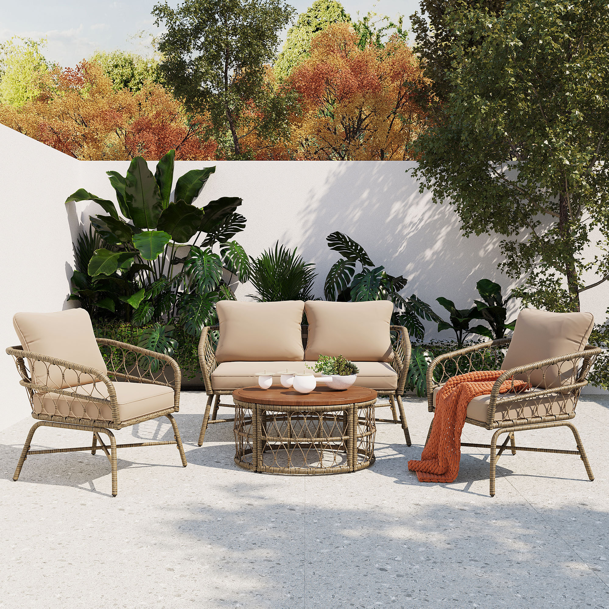 4-Piece Outdoor Conversation Patio Set With Wood Tabletop Beige