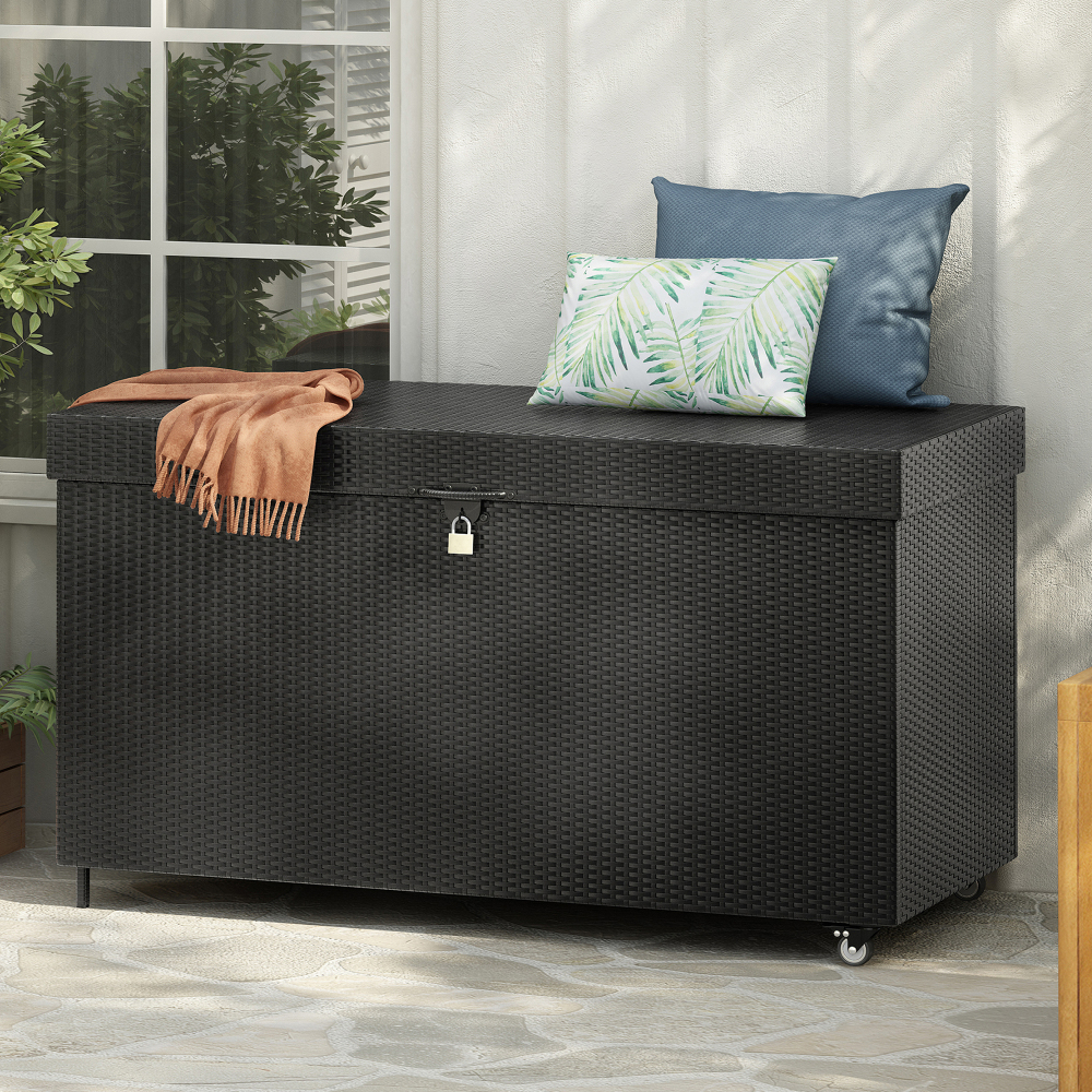 200 Gallon Wicker Deck Box with Wheels Black