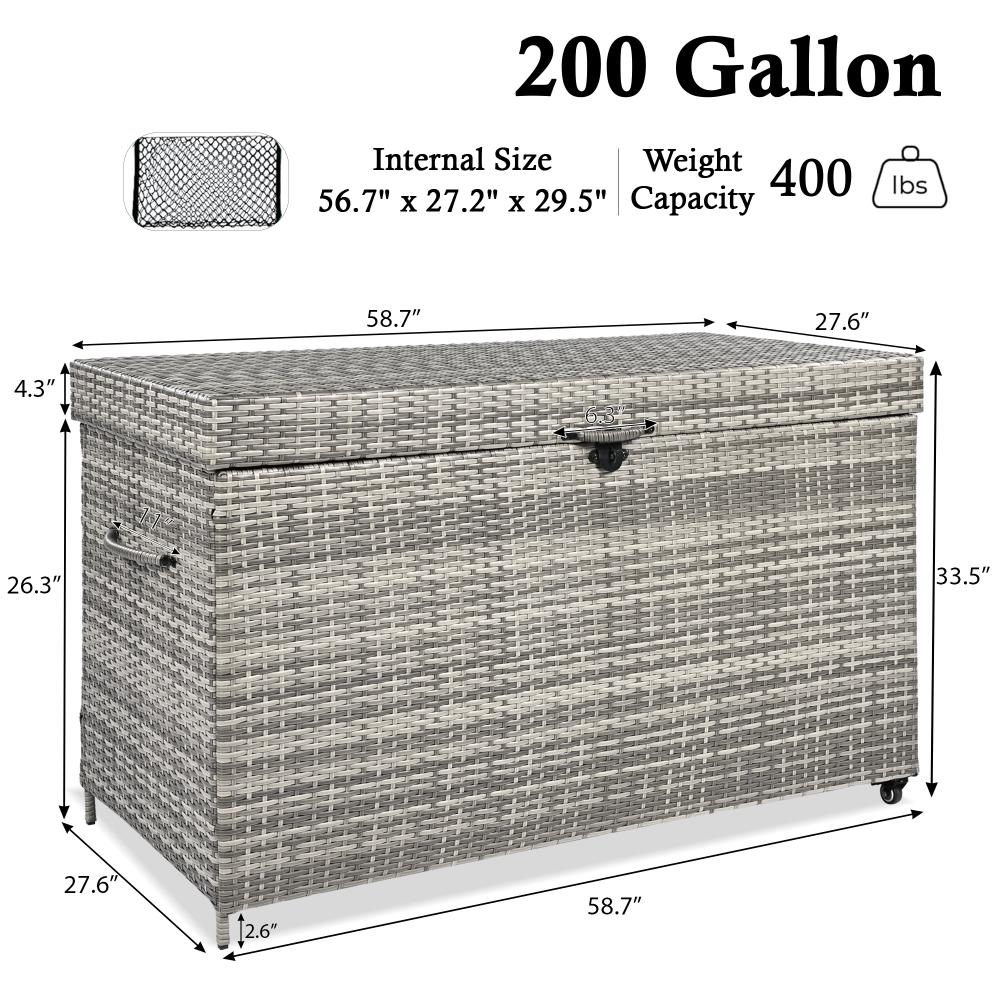 200 Gallon Wicker Deck Box with Wheels Grey