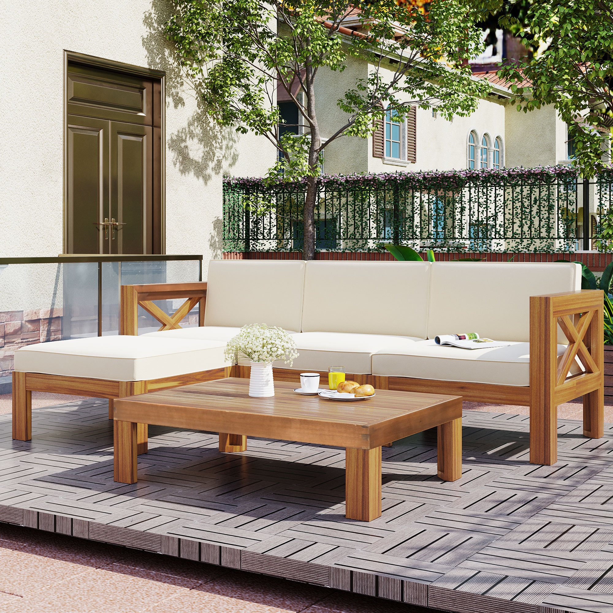 5-Piece Wood Patio Furniture Set With Cushions Natural Finish