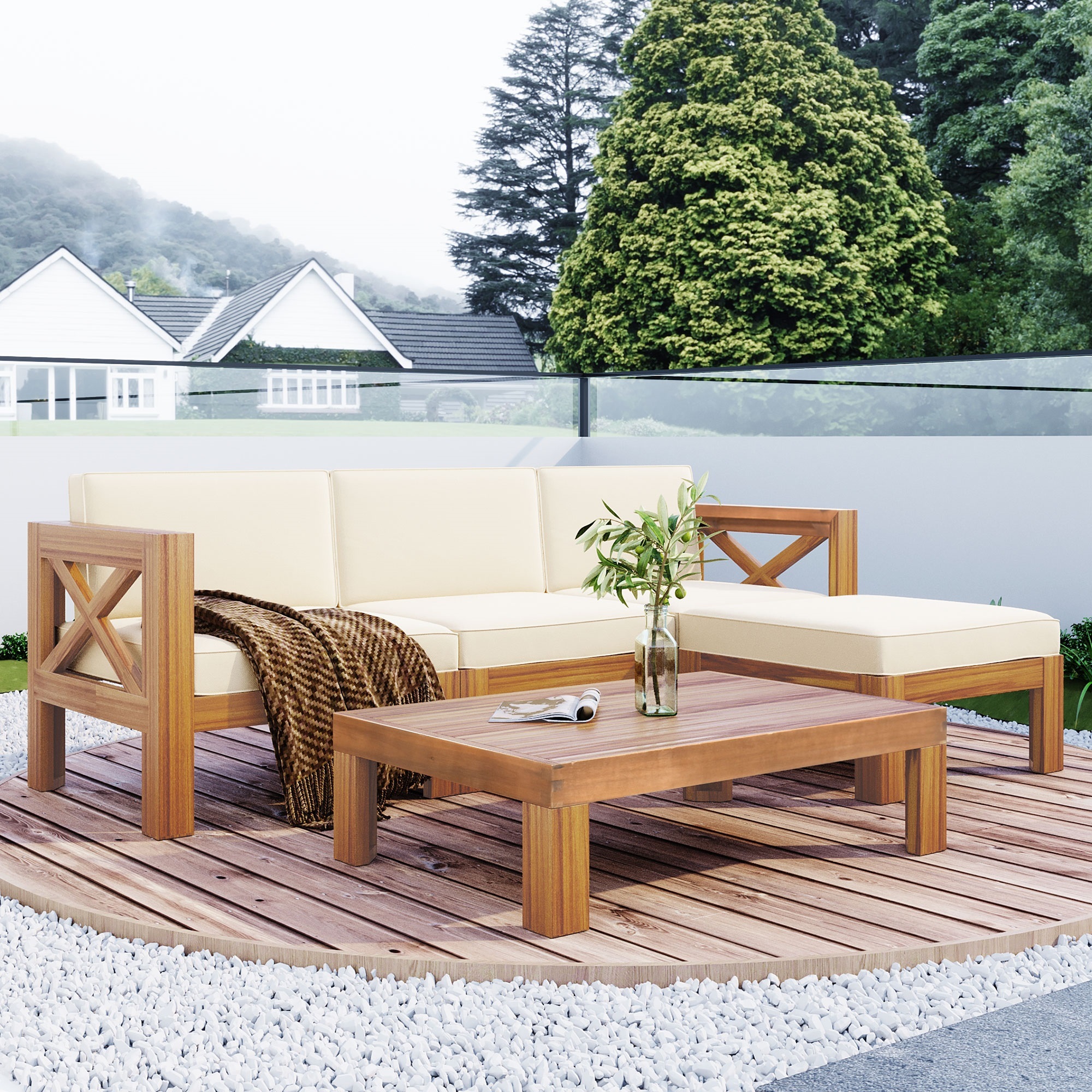5-Piece Wood Patio Furniture Set With Cushions Natural Finish