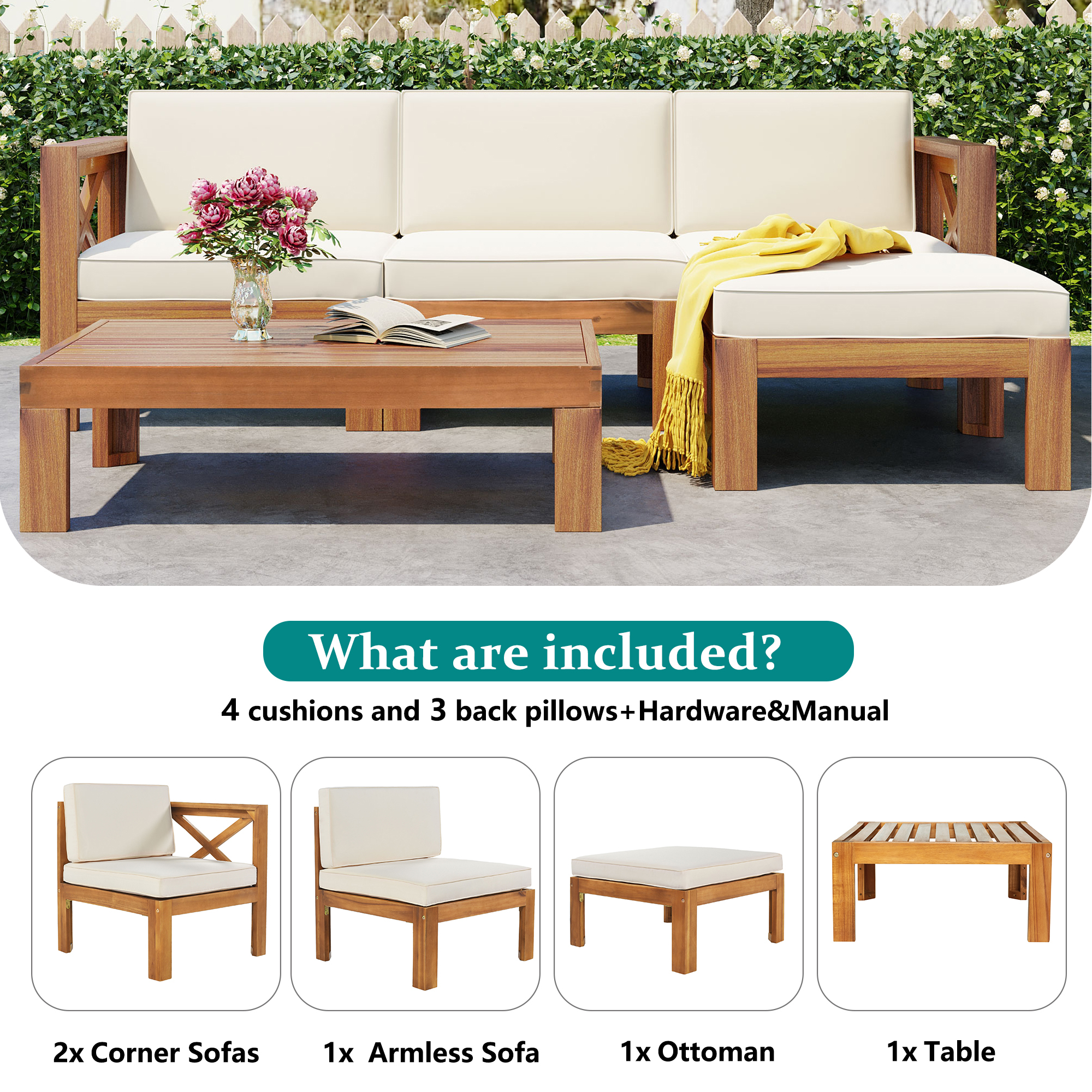 5-Piece Wood Patio Furniture Set With Cushions Natural Finish