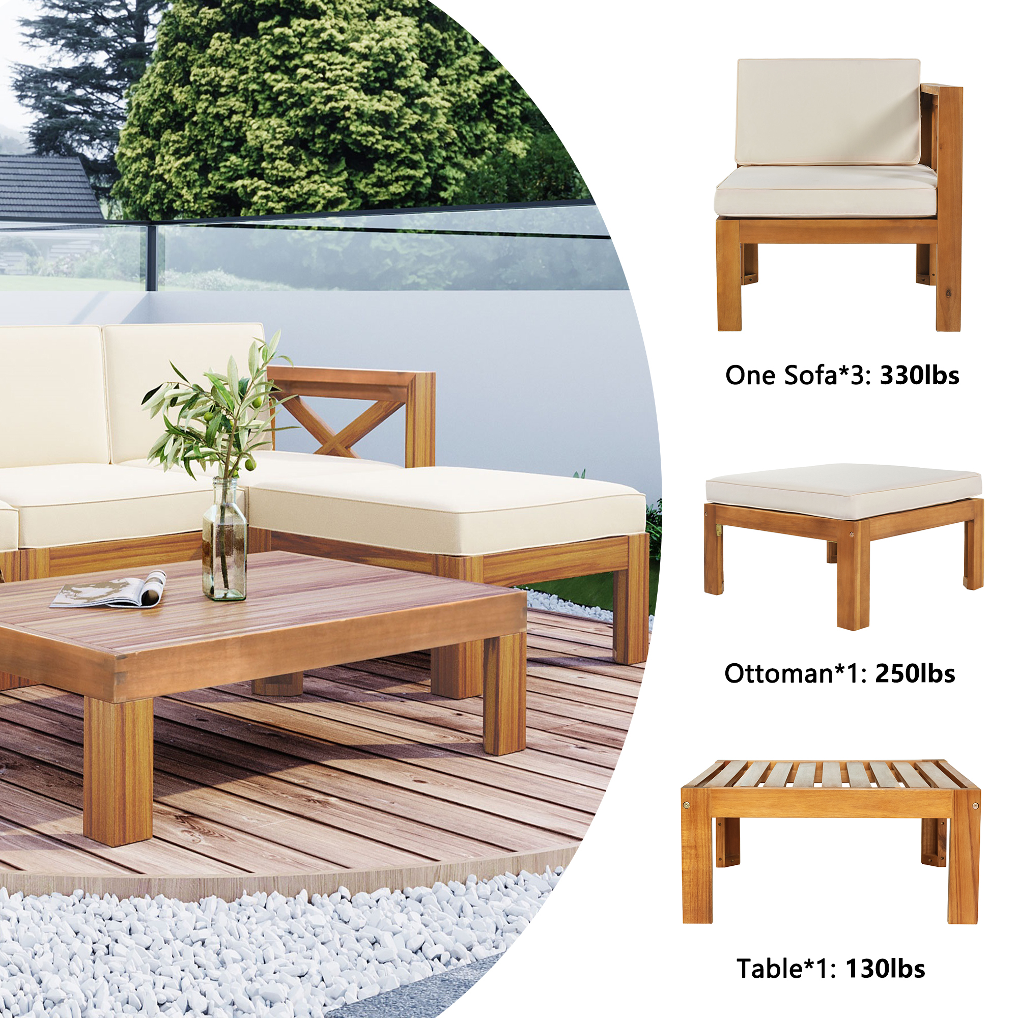 5-Piece Wood Patio Furniture Set With Cushions Natural Finish