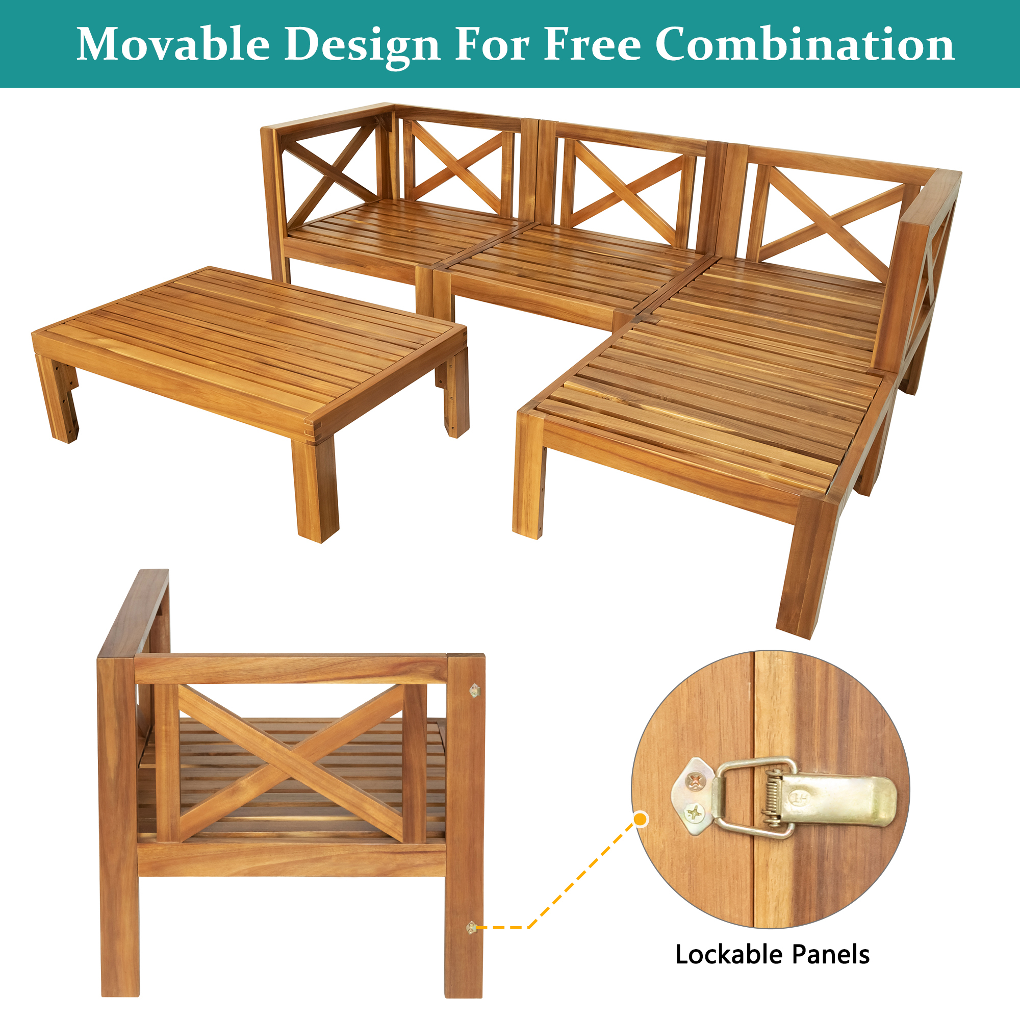 5-Piece Wood Patio Furniture Set With Cushions Natural Finish