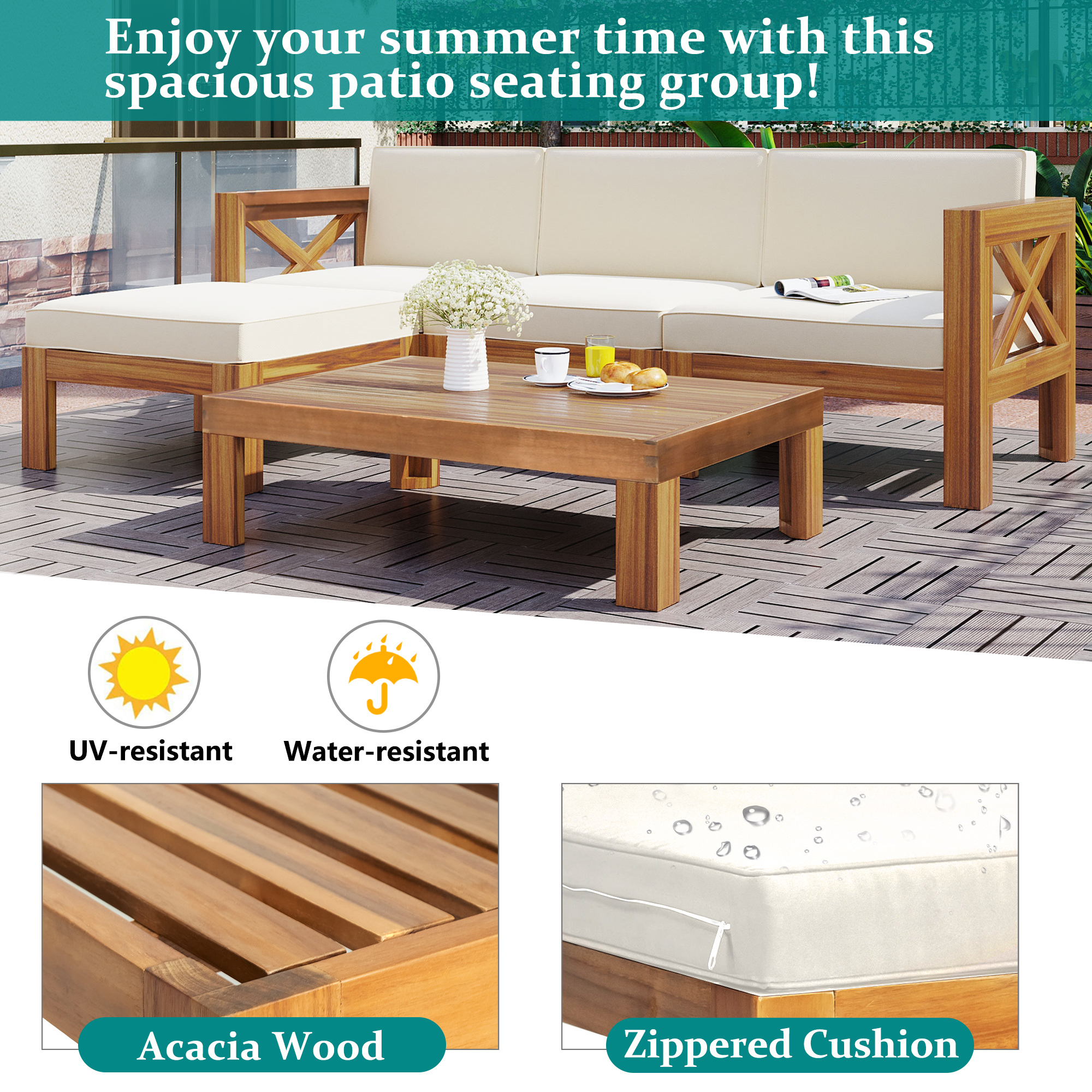 5-Piece Wood Patio Furniture Set With Cushions Natural Finish