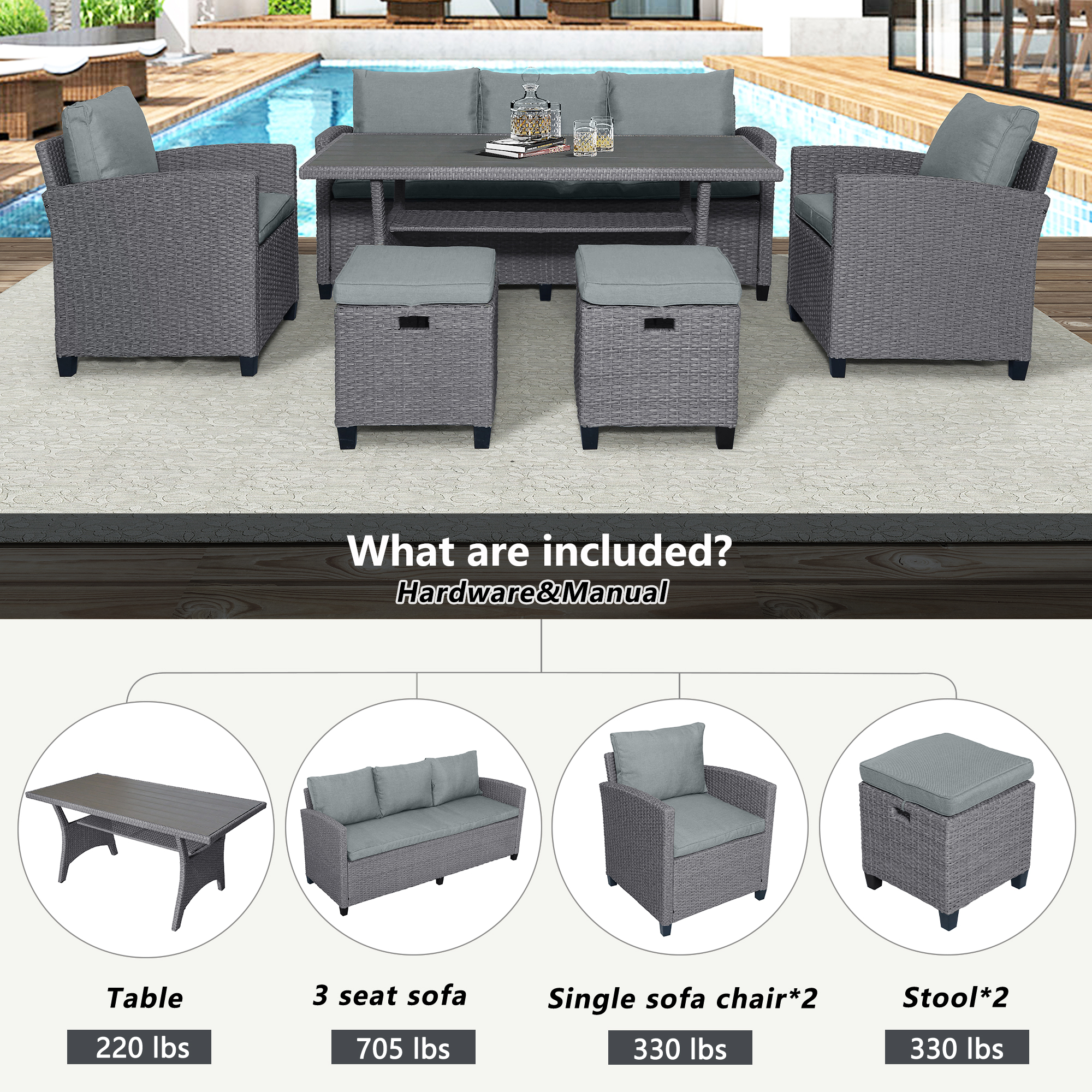 6-Piece Outdoor Conversation Sofa Set With Table Gray Rattan