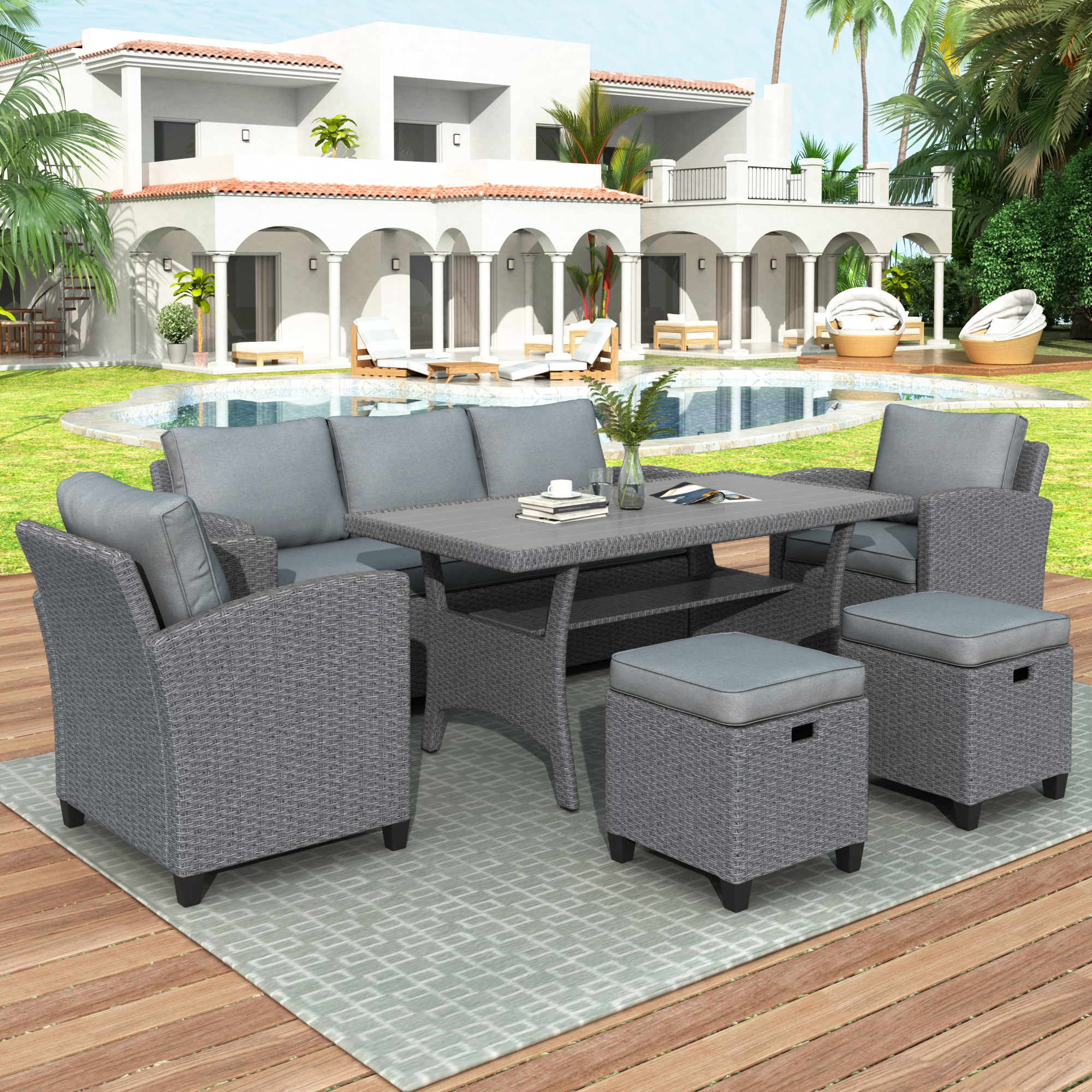 6-Piece Outdoor Conversation Sofa Set With Table Gray Rattan