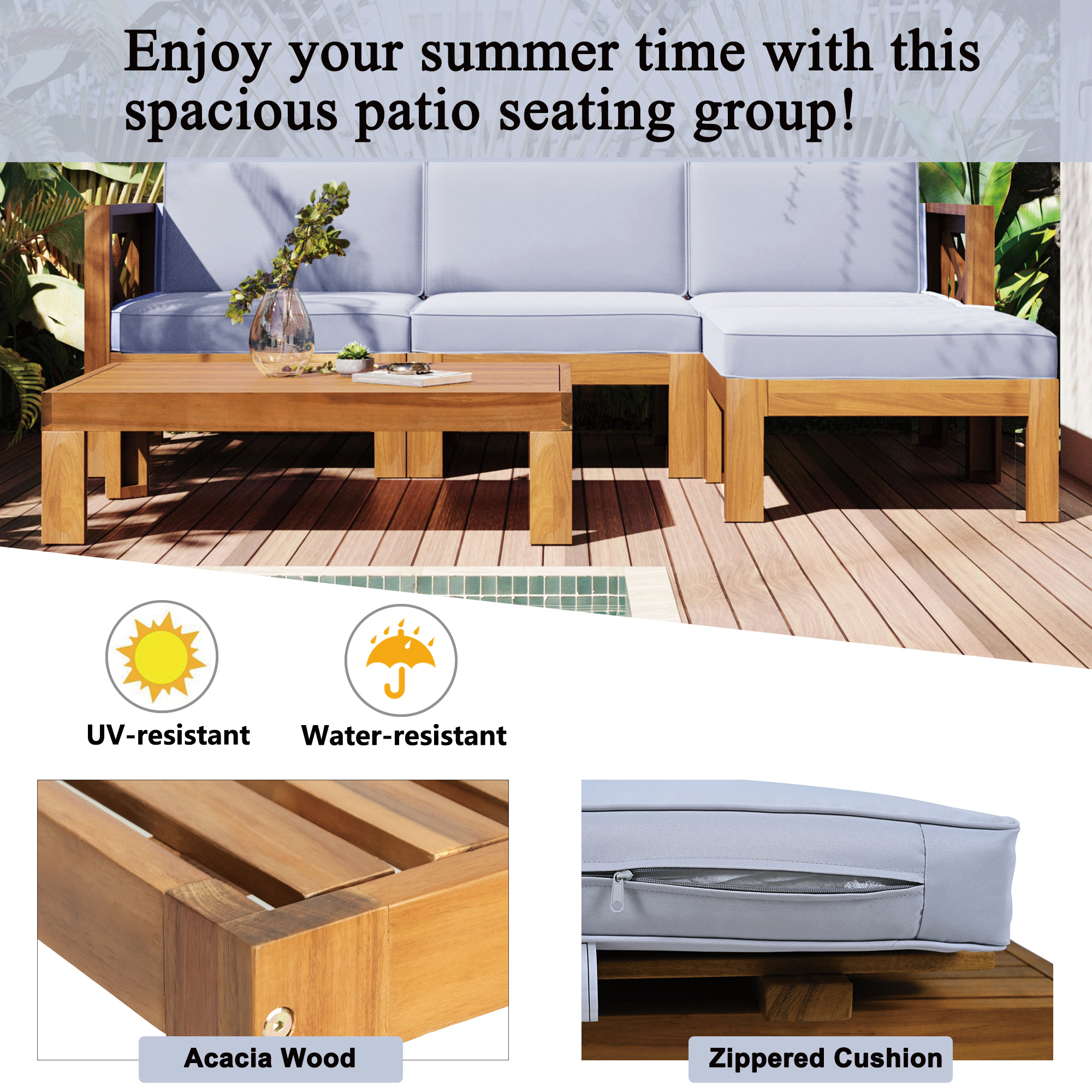 5-Piece Wood Patio Furniture Set With Cushions Gray Cushions
