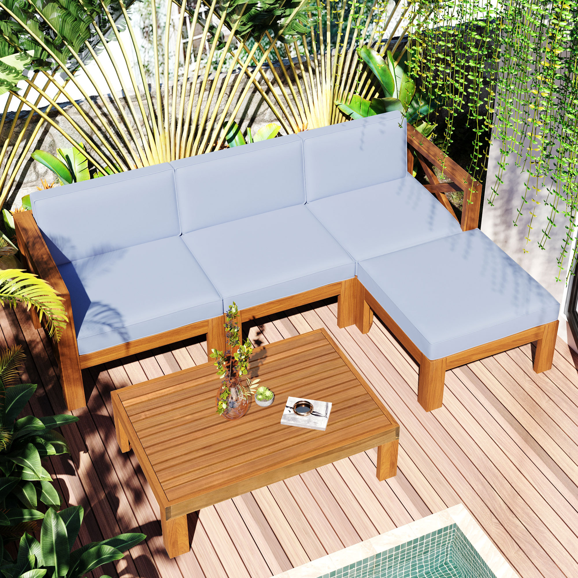 5-Piece Wood Patio Furniture Set With Cushions Gray Cushions