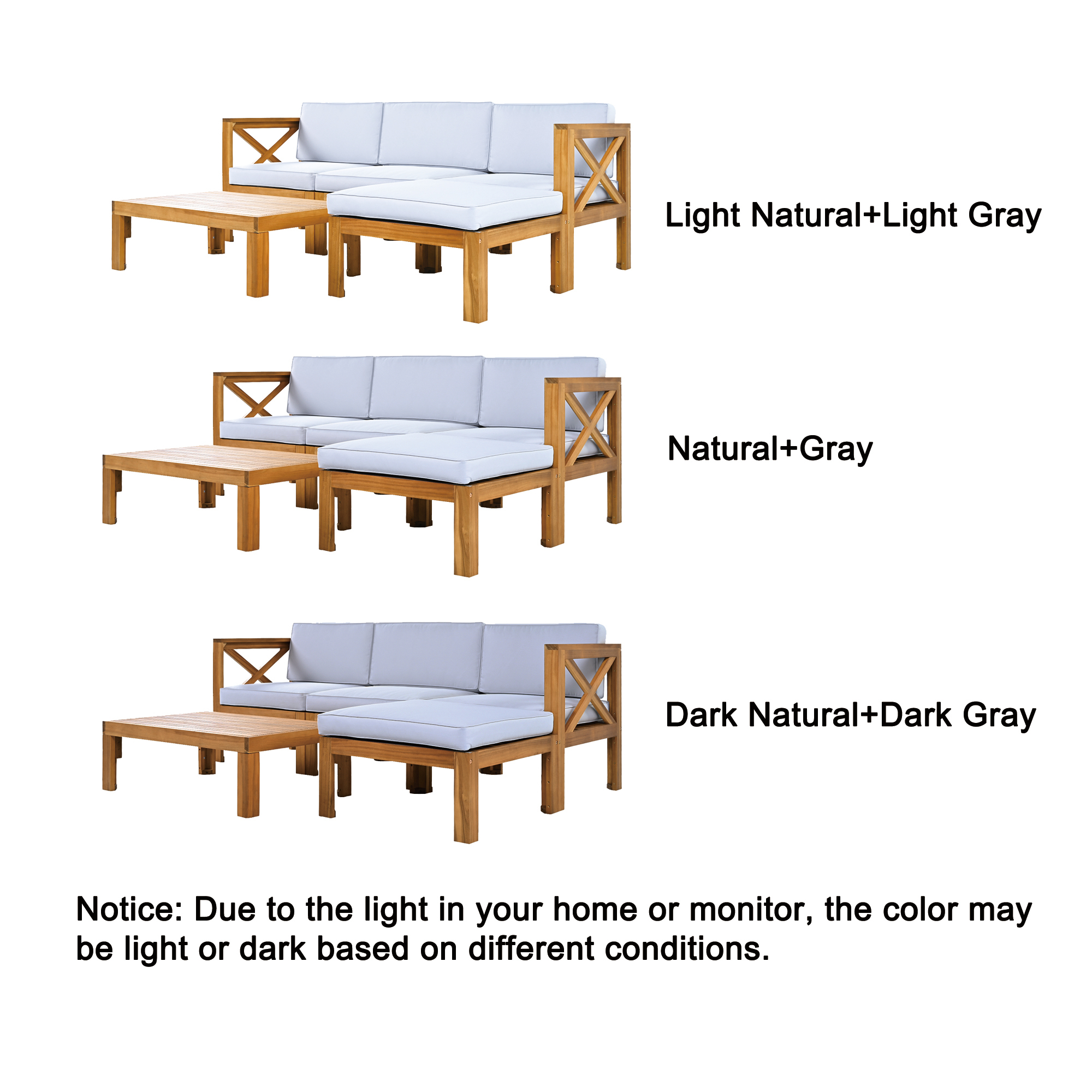 5-Piece Wood Patio Furniture Set With Cushions Gray Cushions