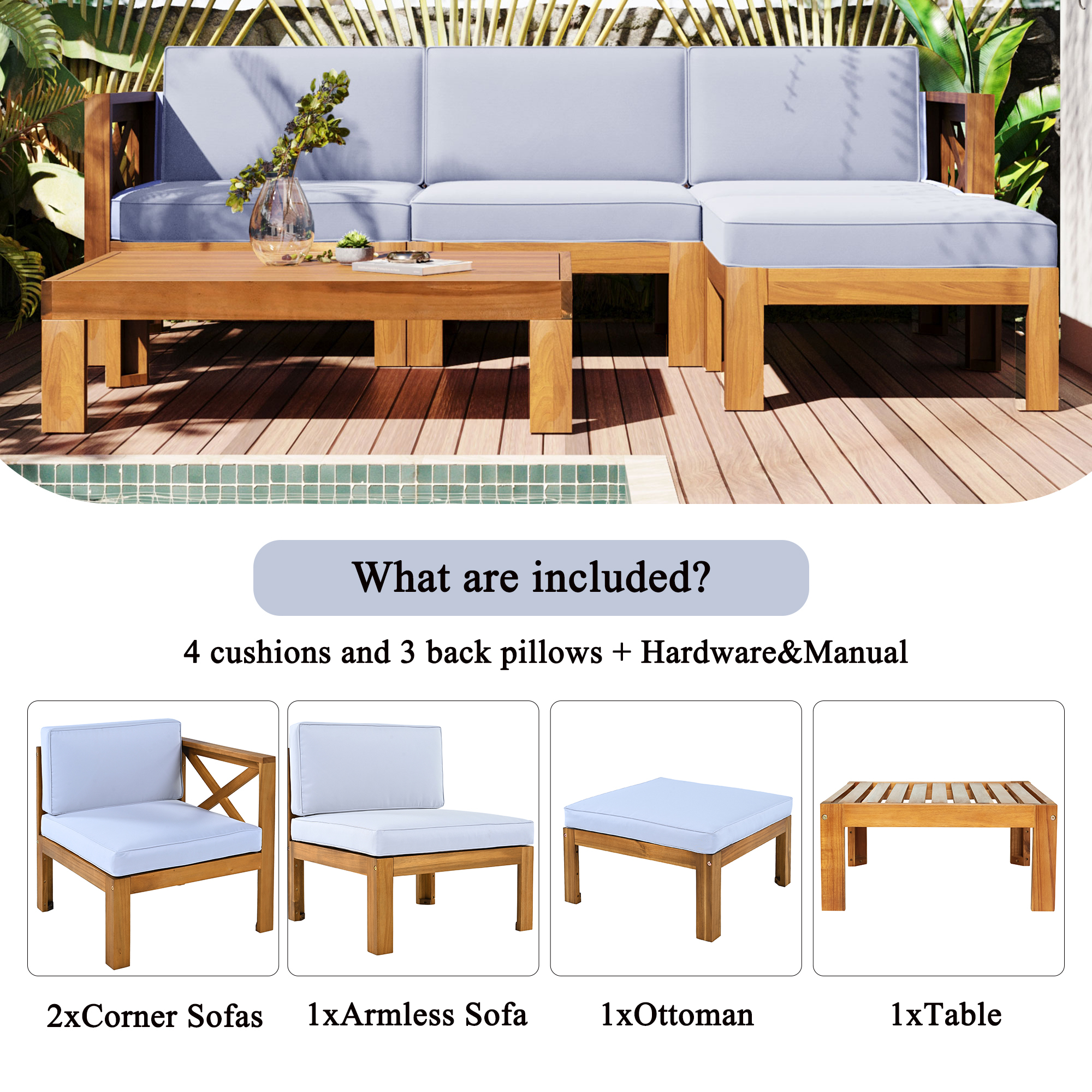 5-Piece Wood Patio Furniture Set With Cushions Gray Cushions