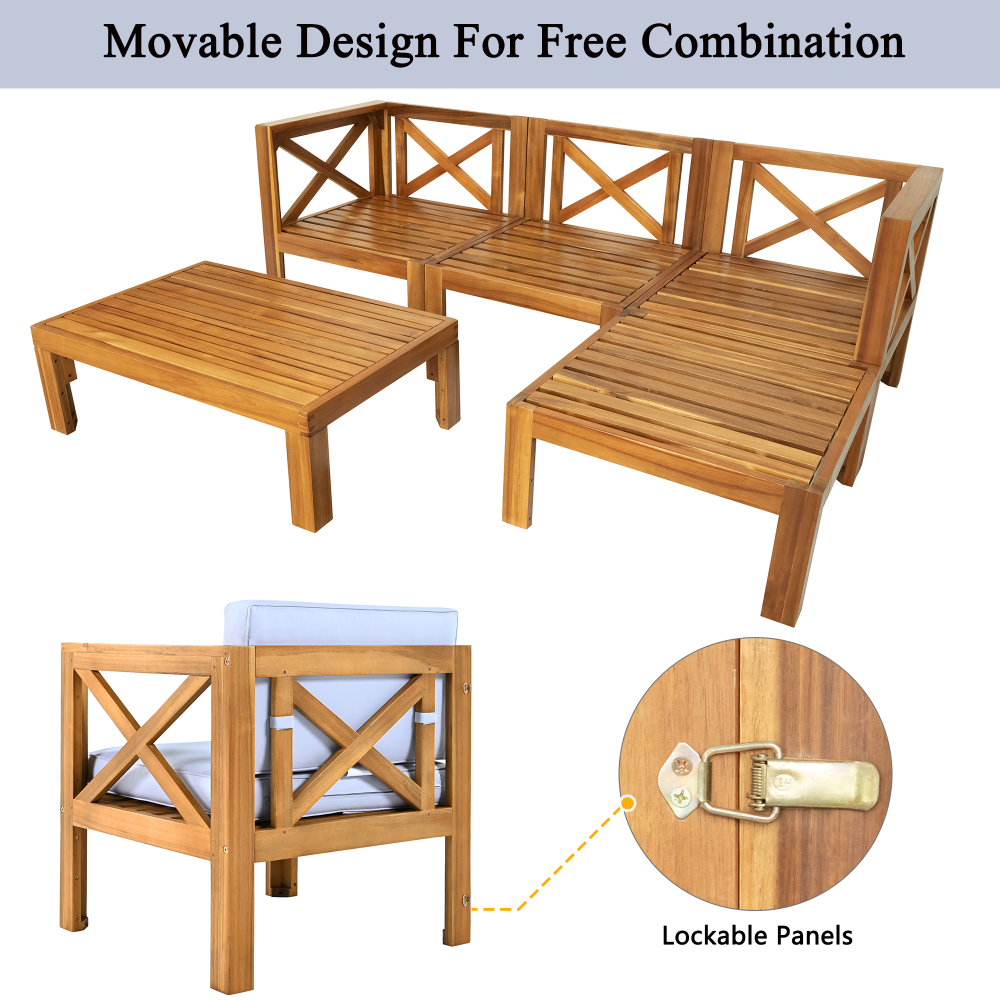 5-Piece Wood Patio Furniture Set With Cushions Gray Cushions