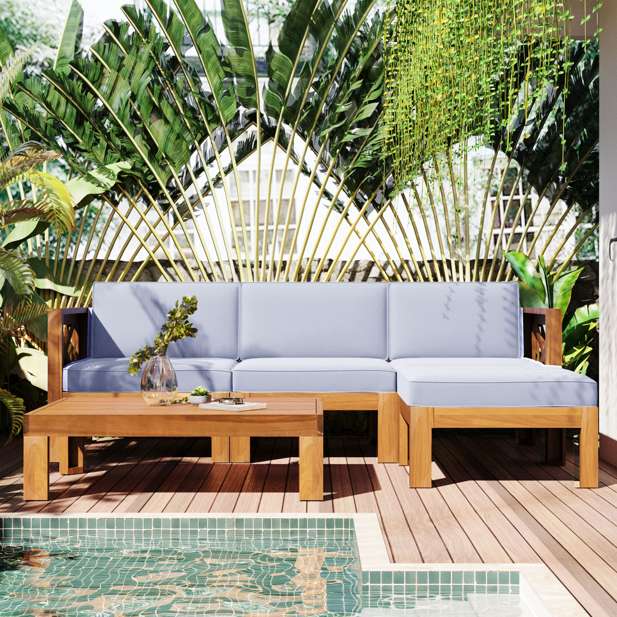 5-Piece Wood Patio Furniture Set With Cushions Gray Cushions