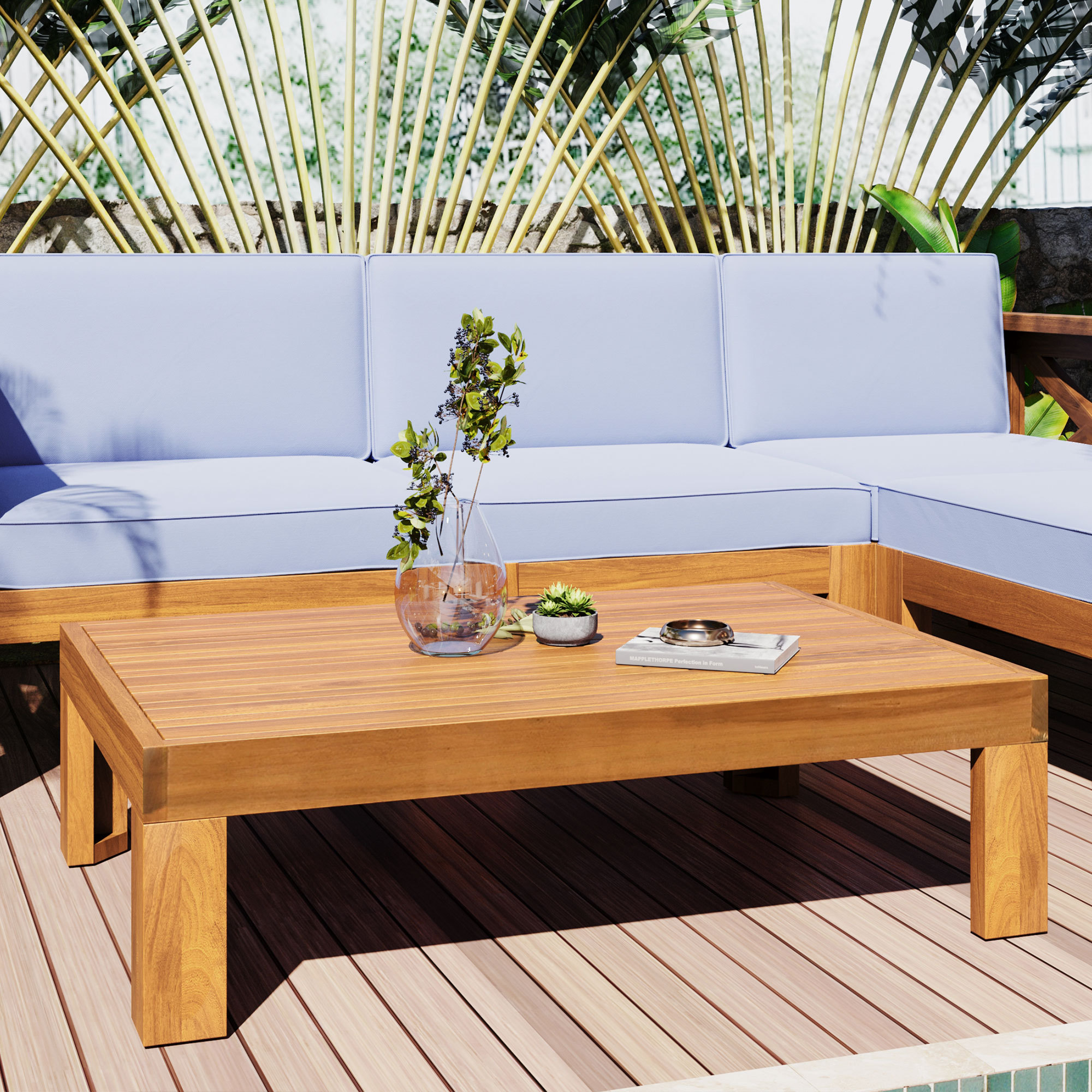 5-Piece Wood Patio Furniture Set With Cushions Gray Cushions