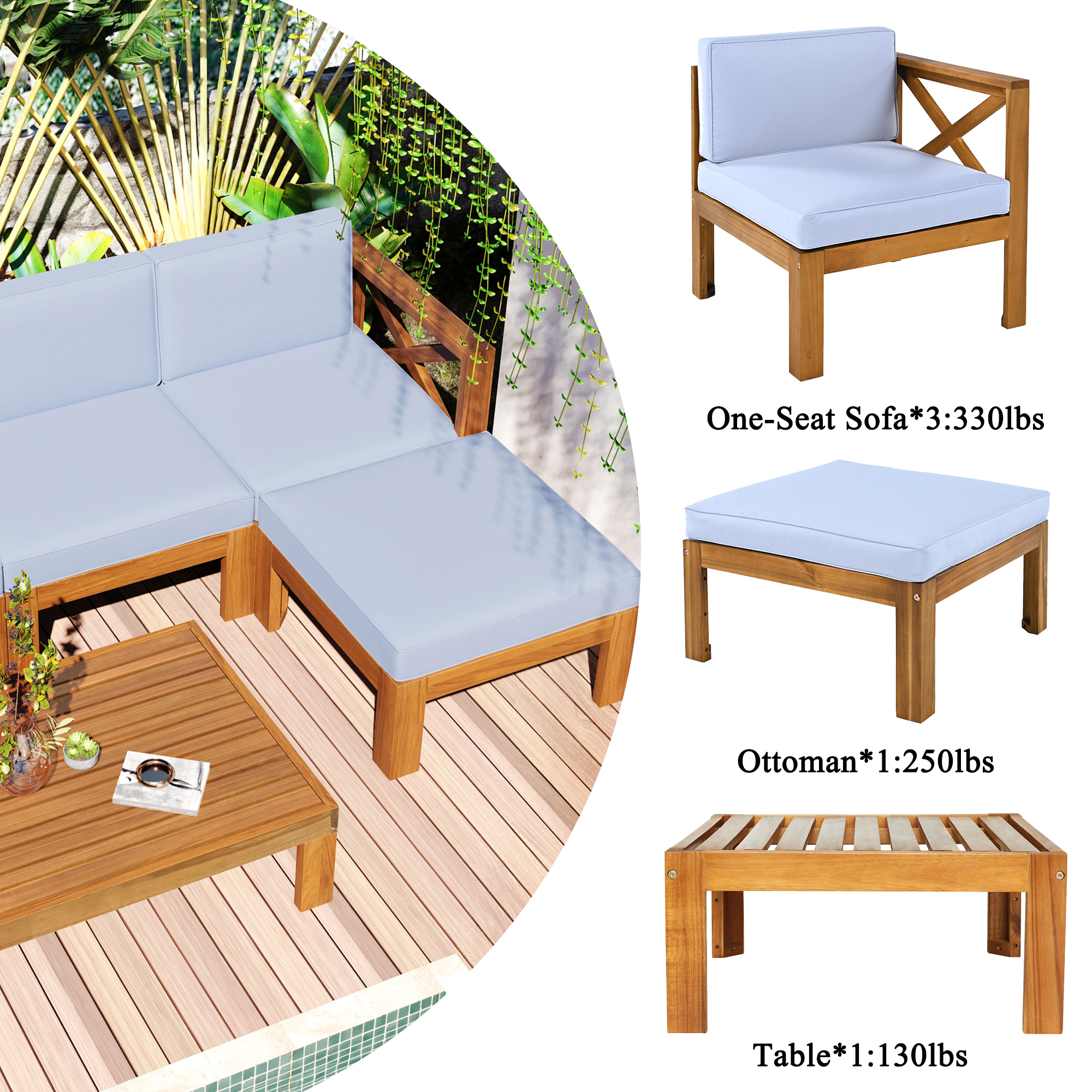 5-Piece Wood Patio Furniture Set With Cushions Gray Cushions