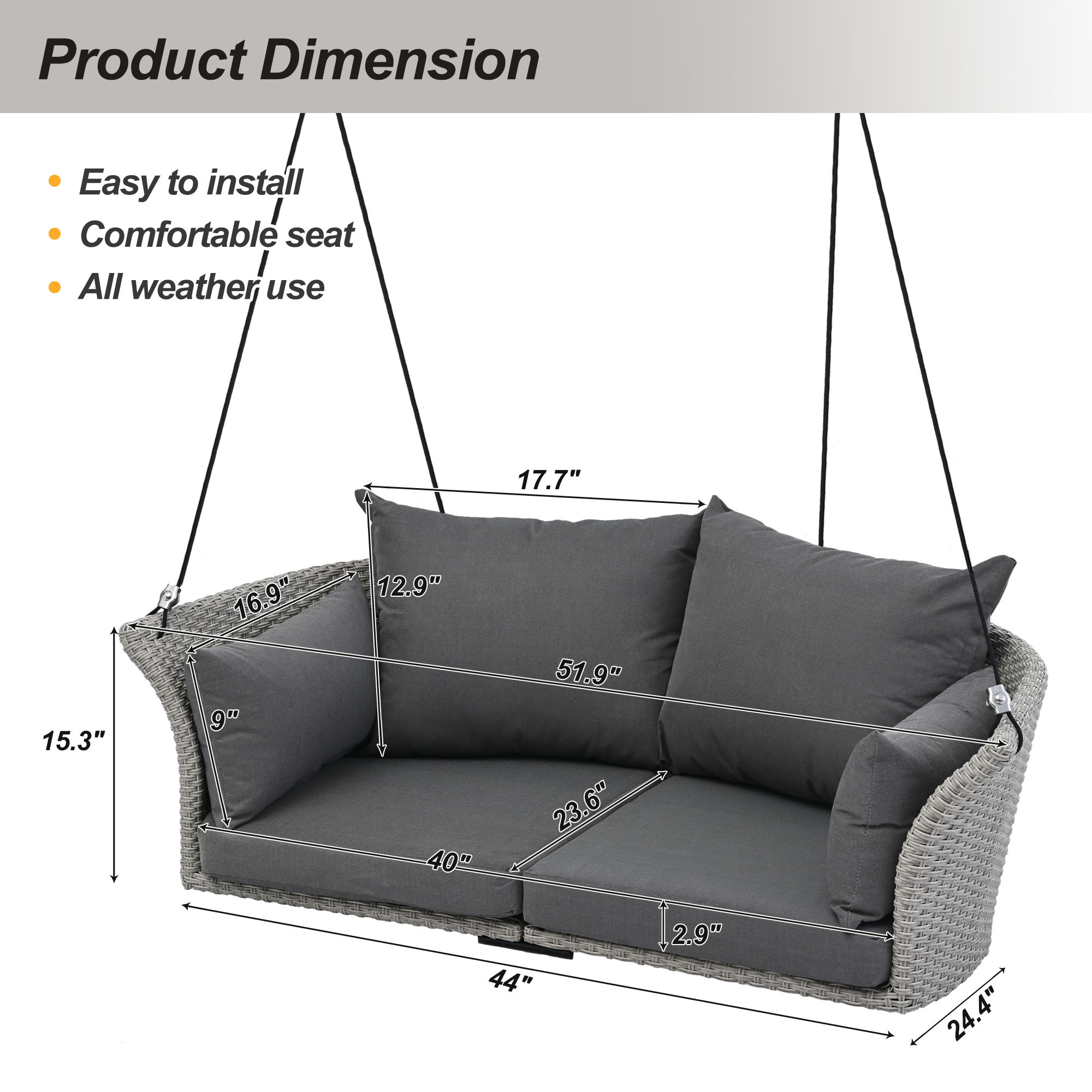 51.9" 2-Person Hanging Seat Gray Wicker And Cushion