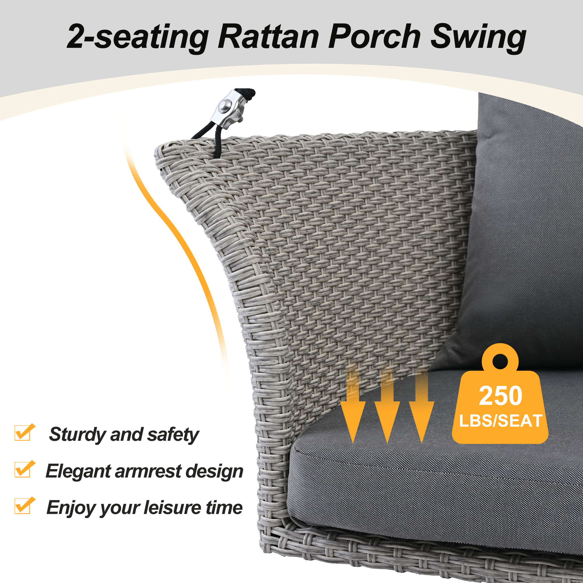 51.9" 2-Person Hanging Seat Gray Wicker And Cushion