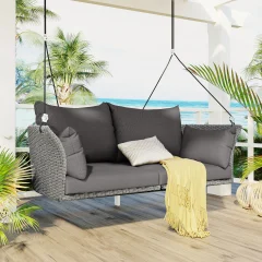 51.9" 2-Person Hanging Seat Gray Wicker And Cushion