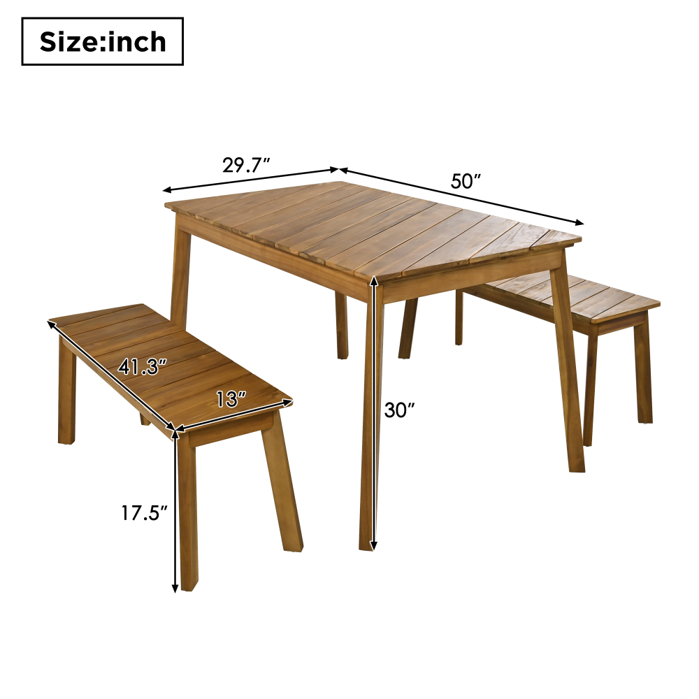 3 Pieces Wood Table Bench Dining Set Natural