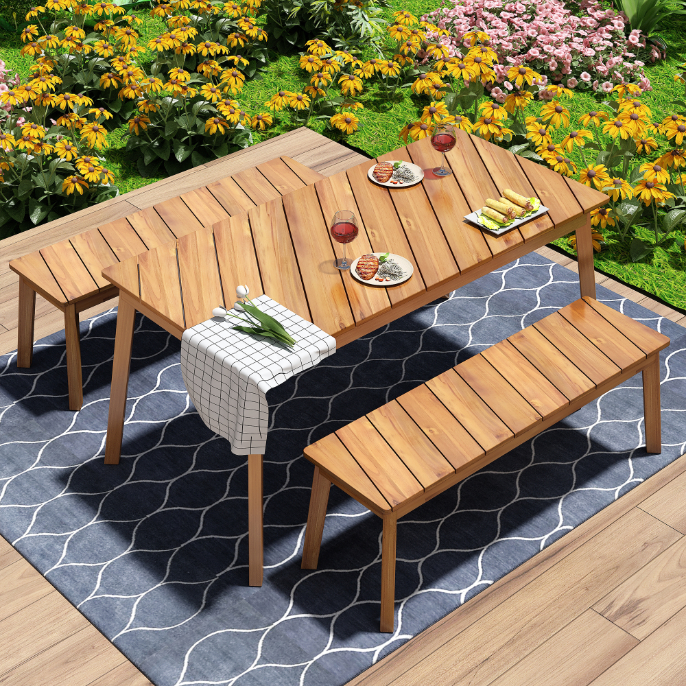 3 Pieces Wood Table Bench Dining Set Natural