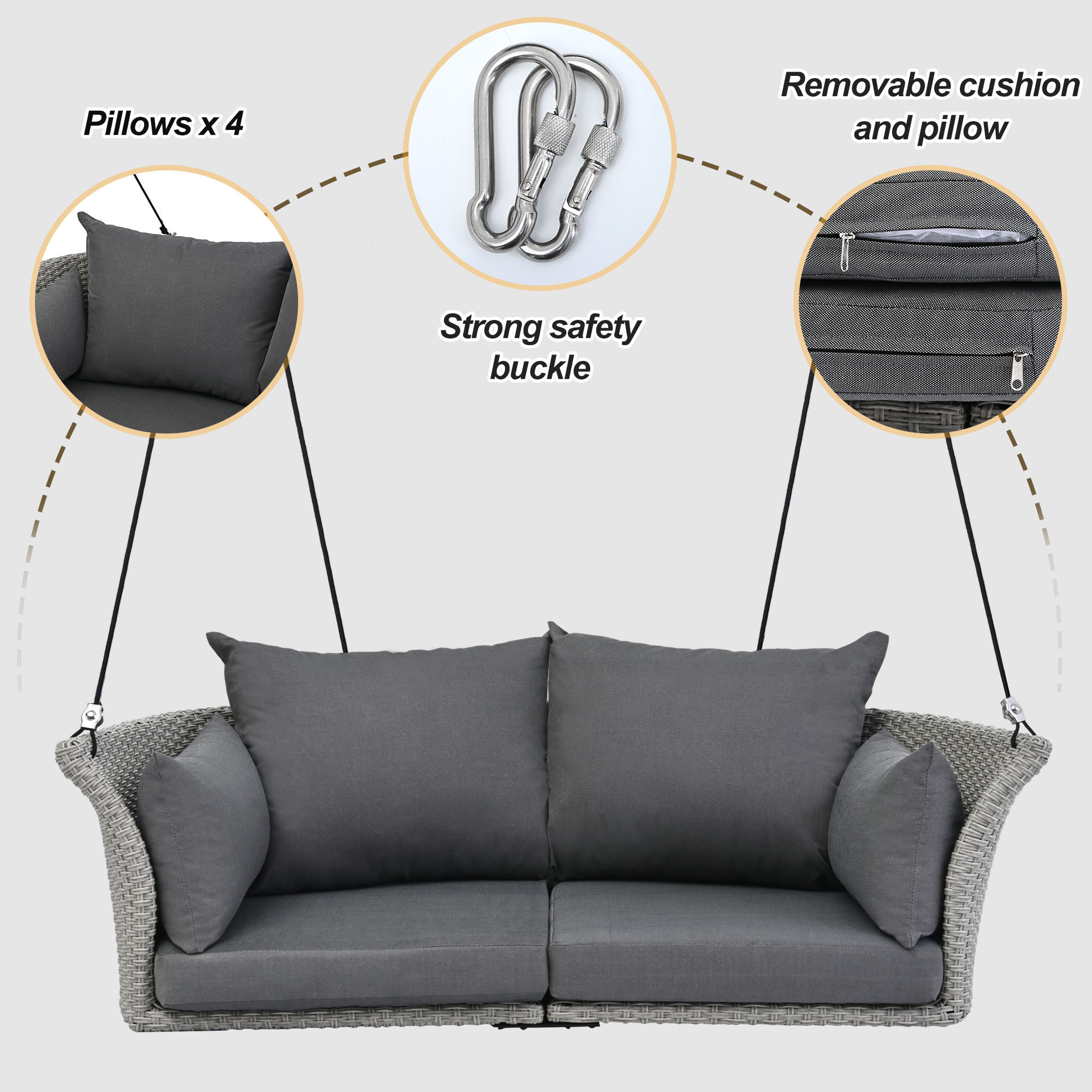 51.9" 2-Person Hanging Seat Gray Wicker And Cushion
