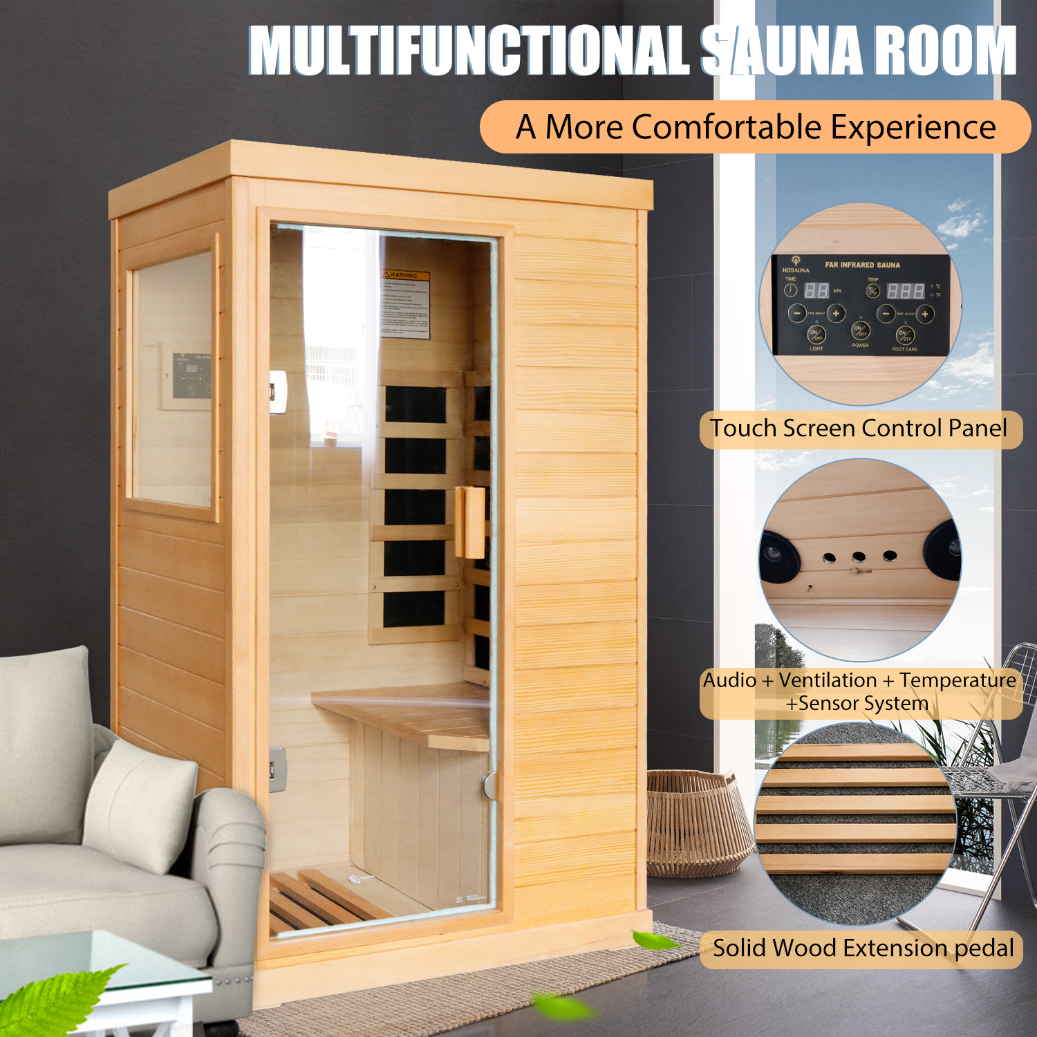 1-Person Indoor Hemlock Infrared Sauna with 5 Far-Infrared Carbon Crystal Heaters