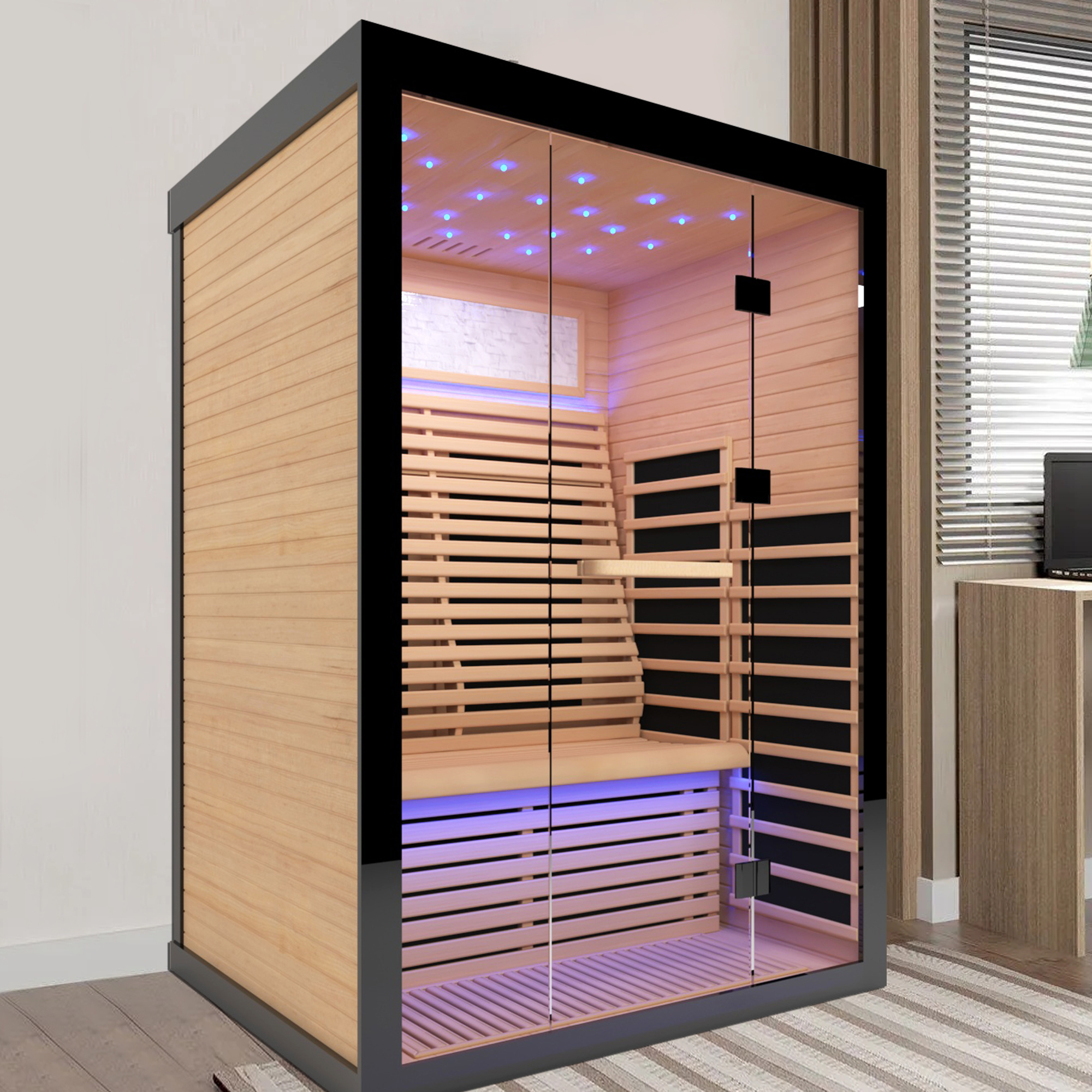 2-Person Indoor Hemlock Infrared Sauna with 8 Far-Infrared Carbon Crystal Heaters and Chromotherapy
