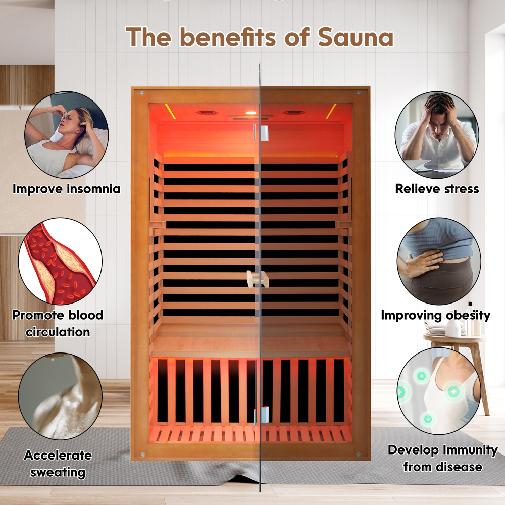 2-Person Indoor Hemlock Infrared Sauna with 8 Far-Infrared Carbon Crystal Heaters and Chromotherapy