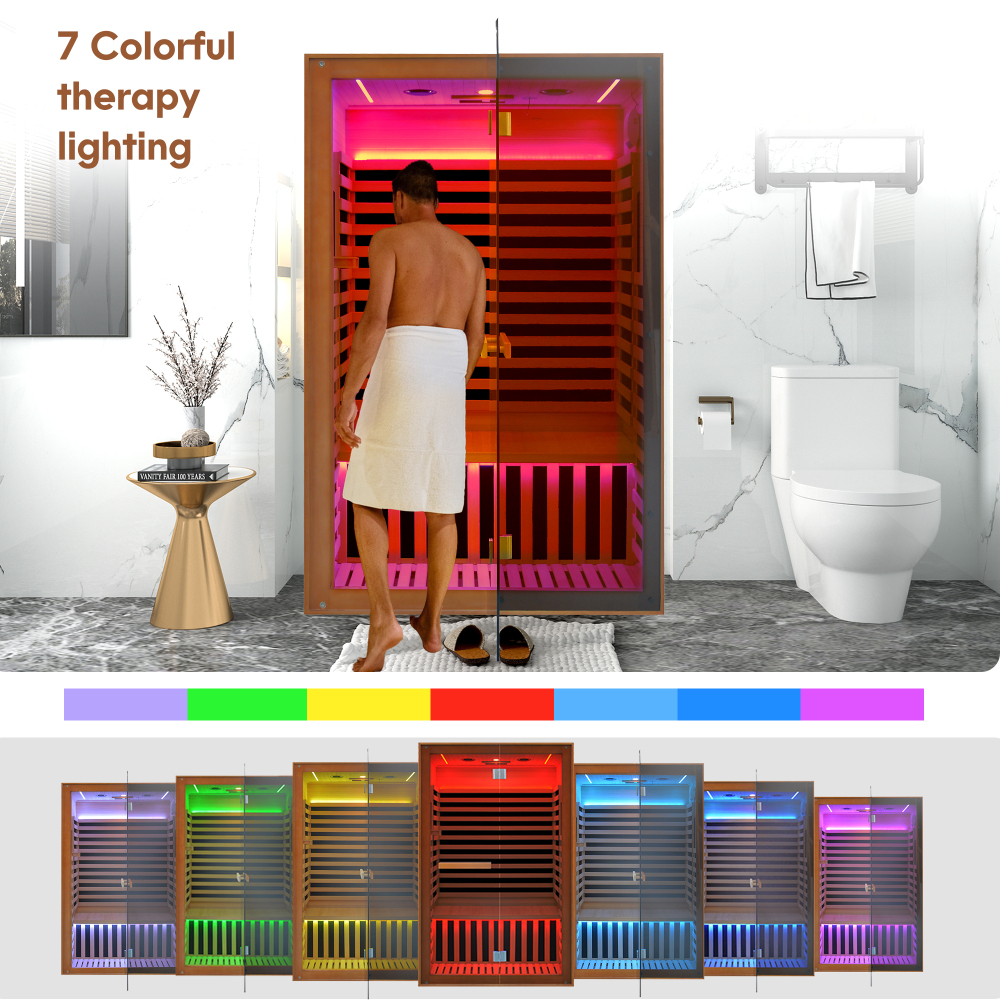 2-Person Indoor Hemlock Infrared Sauna with 8 Far-Infrared Carbon Crystal Heaters and Chromotherapy