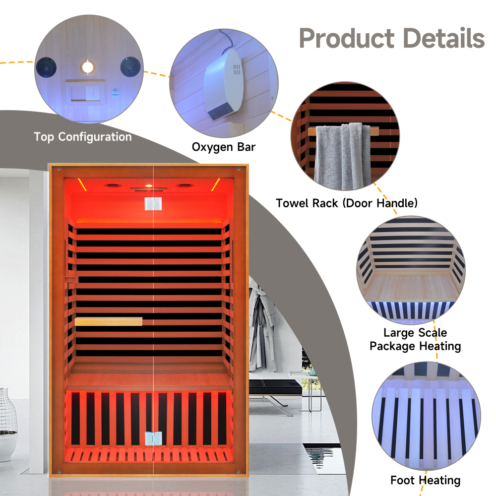 2-Person Indoor Hemlock Infrared Sauna with 8 Far-Infrared Carbon Crystal Heaters and Chromotherapy