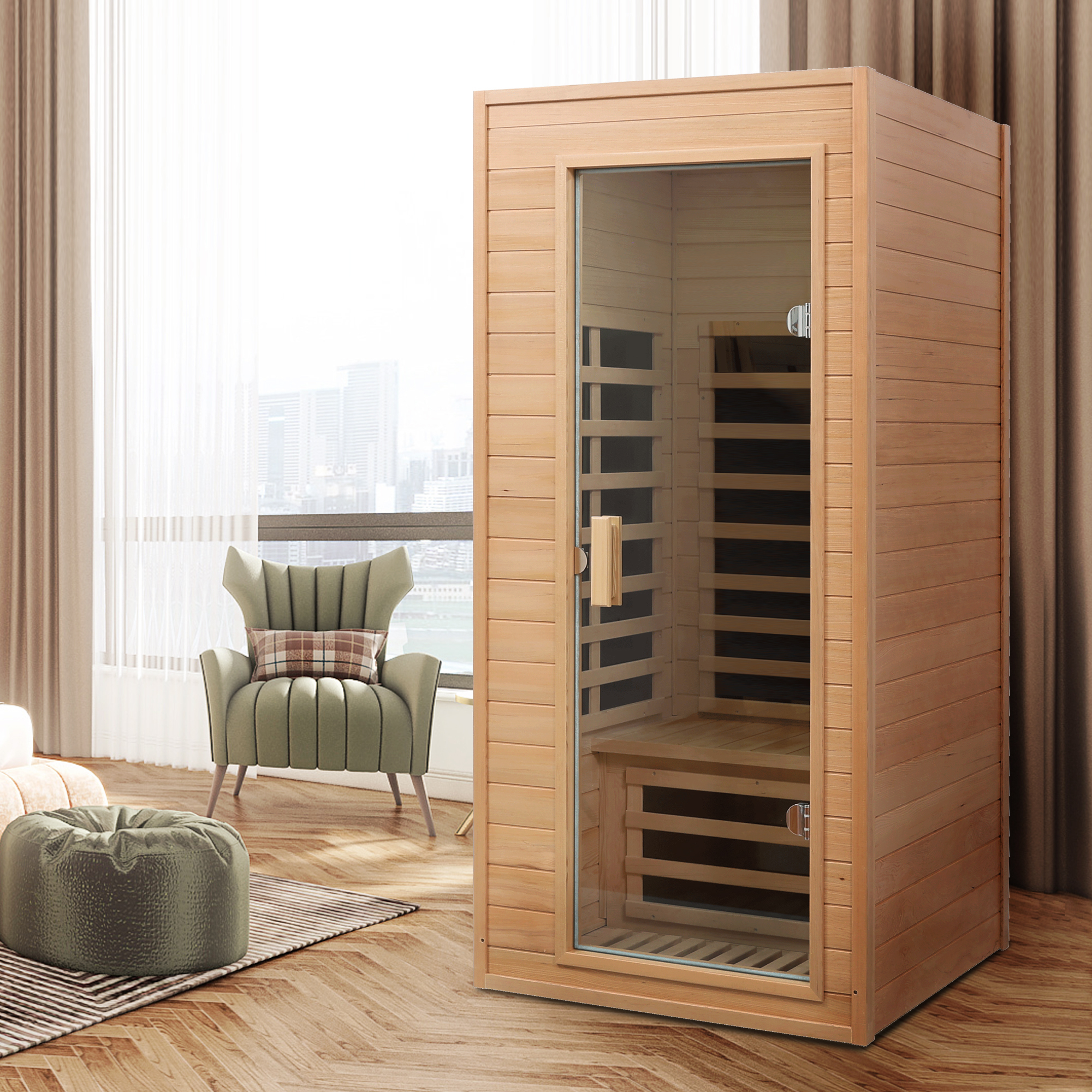 1-Person Indoor Hemlock Infrared Sauna with 5 Far-Infrared Carbon Crystal Heaters