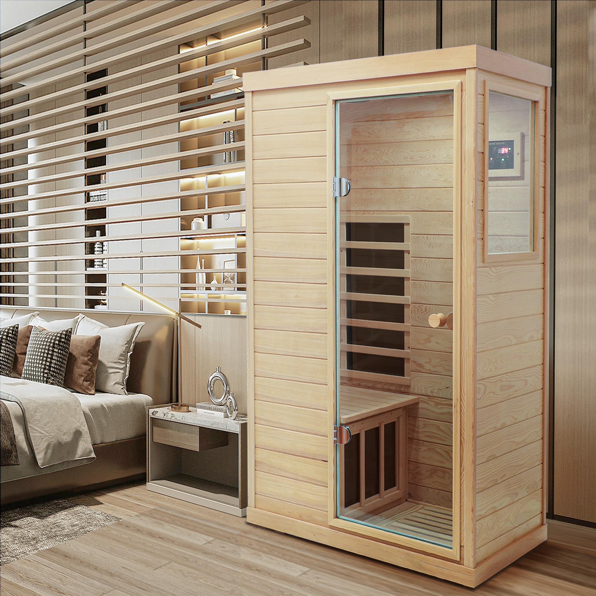 1-Person Indoor Hemlock infrared Sauna with 8 Far-Infrared Carbon Crystal Heaters