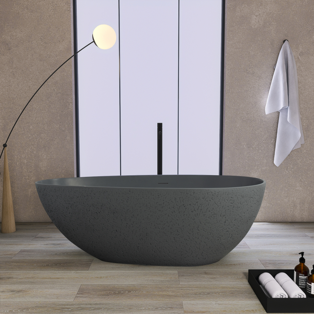 65 in. x 33 in. Stone Resin Flatbottom Solid Surface Freestanding Soaking Bathtub in Grey with Brass Drain