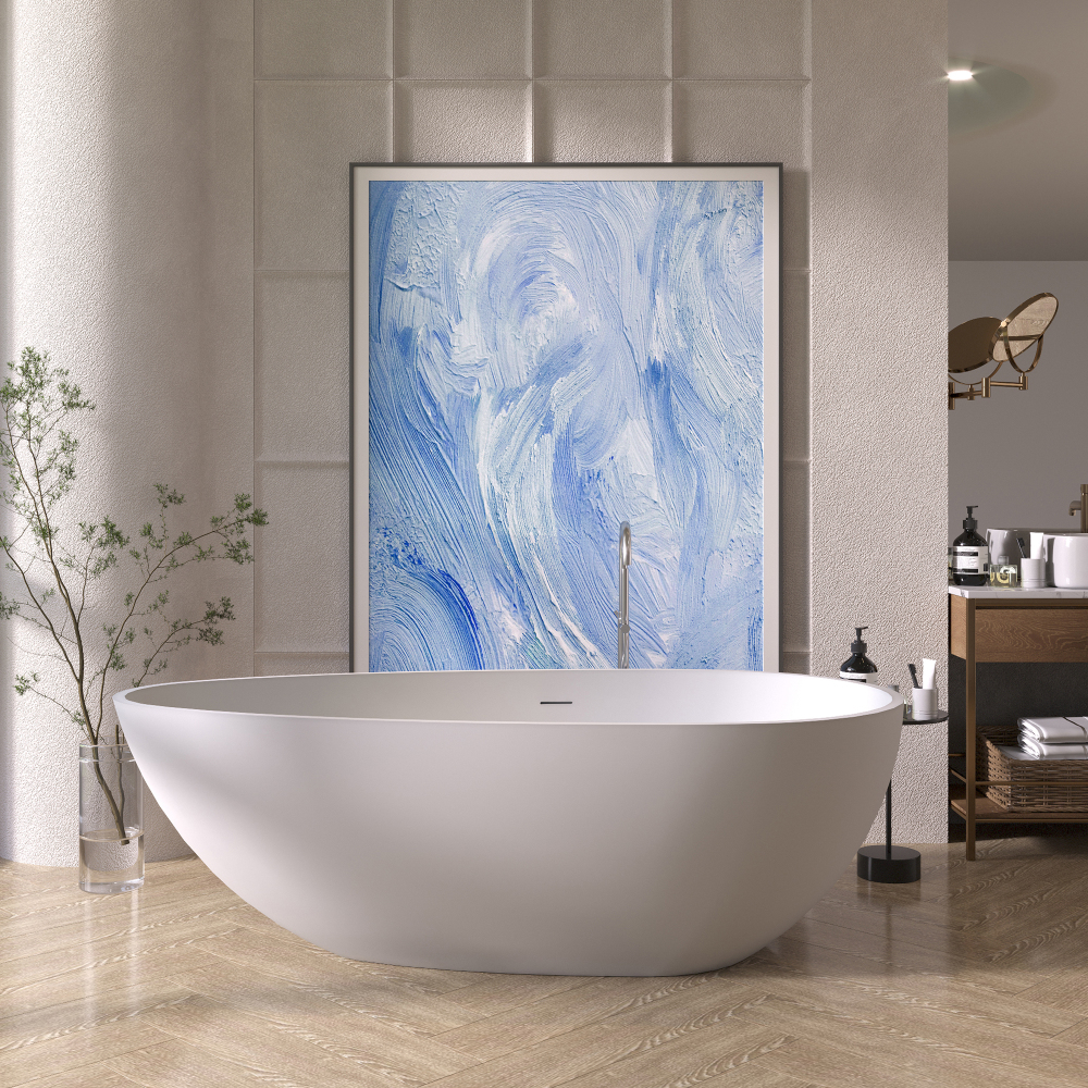 67 in. x 34 in. Solid Surface Stone Resin Flatbottom Freestanding Bathtub Soaking Bathtub in Matte White