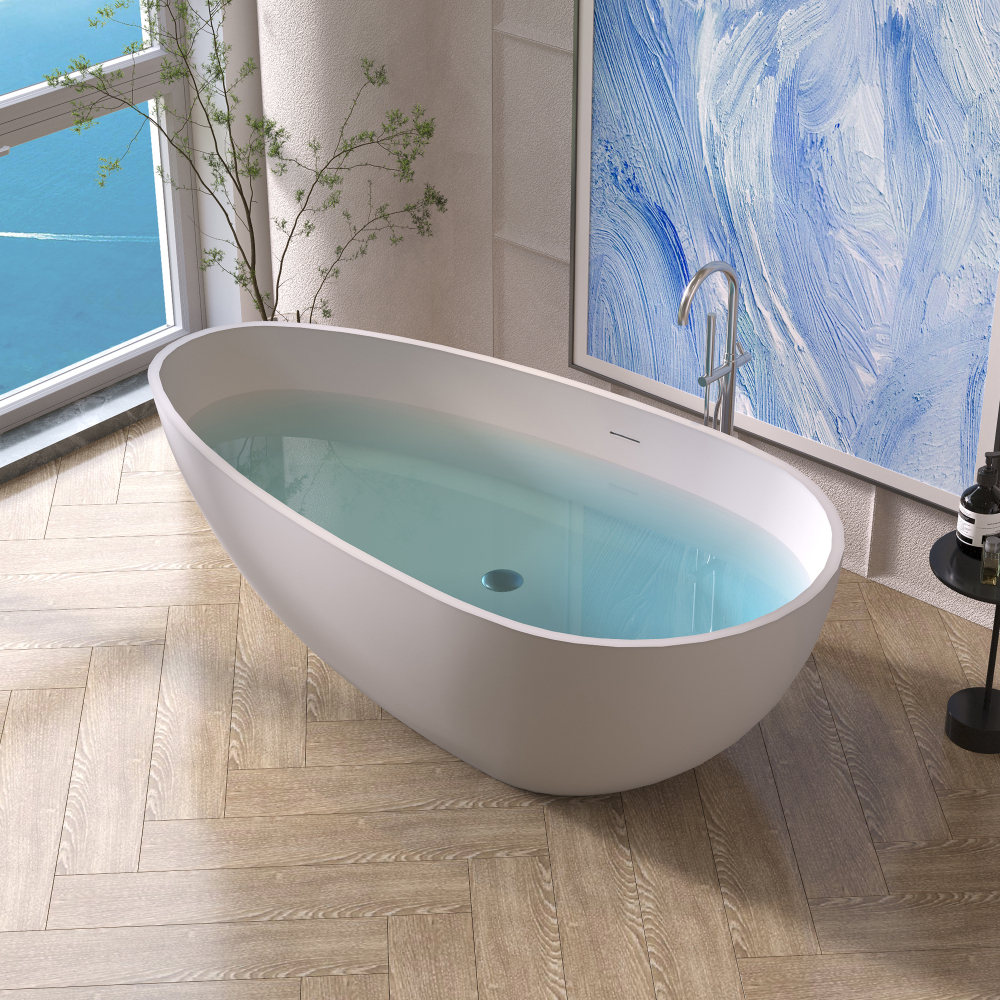 67 in. x 34 in. Solid Surface Stone Resin Flatbottom Freestanding Bathtub Soaking Bathtub in Matte White
