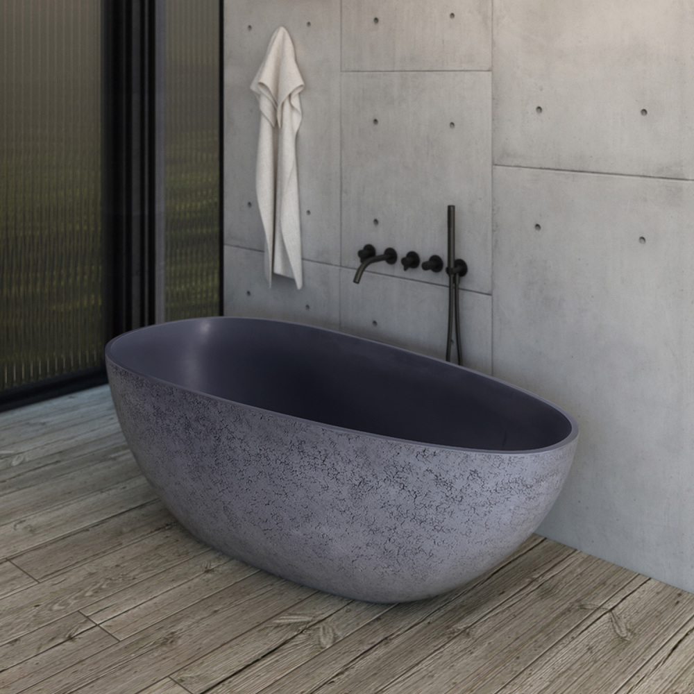 65 in. x 33 in. Stone Resin Flatbottom Solid Surface Freestanding Soaking Bathtub in Grey with Brass Drain