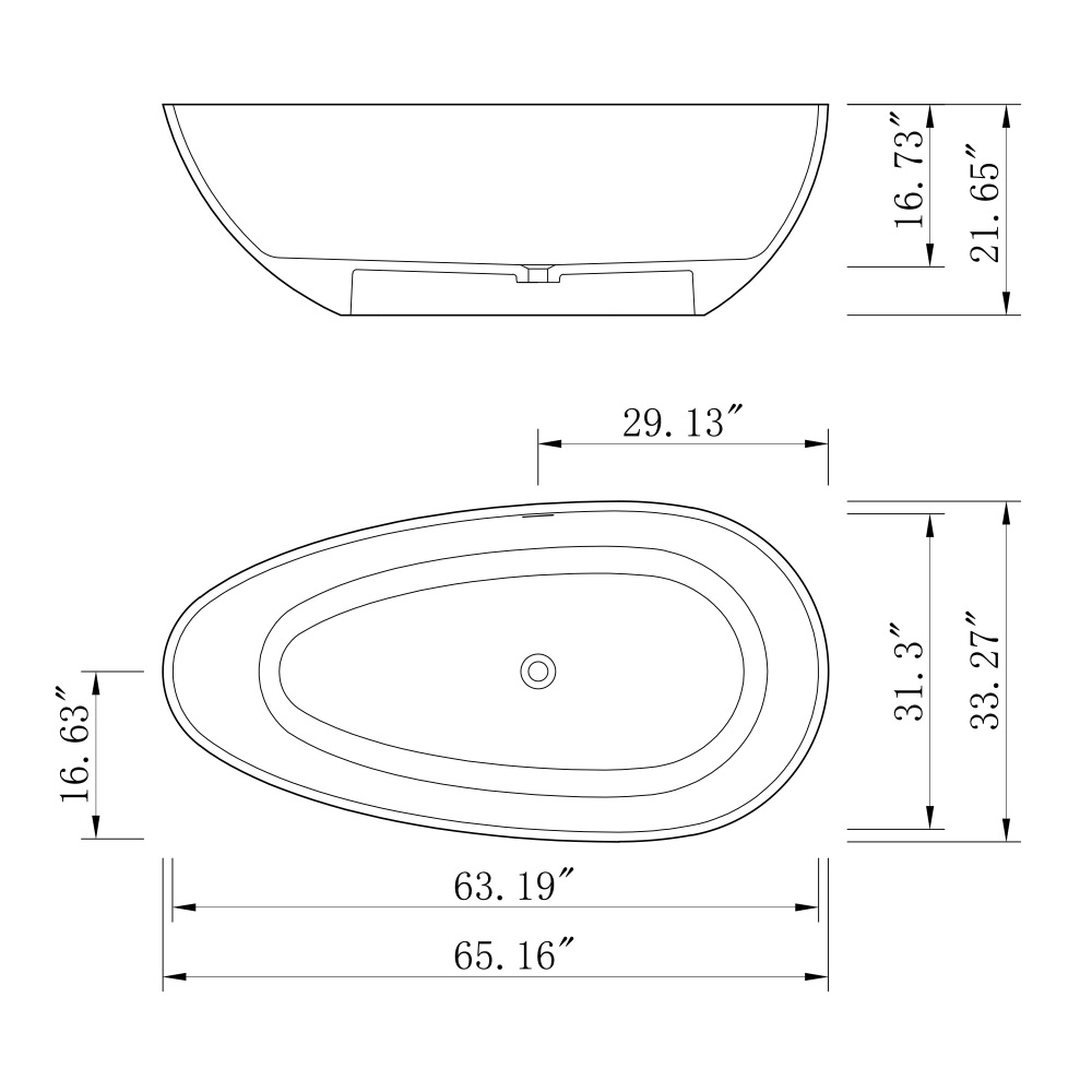 65 in. x 33 in. Stone Resin Flatbottom Solid Surface Freestanding Soaking Bathtub in Grey with Brass Drain